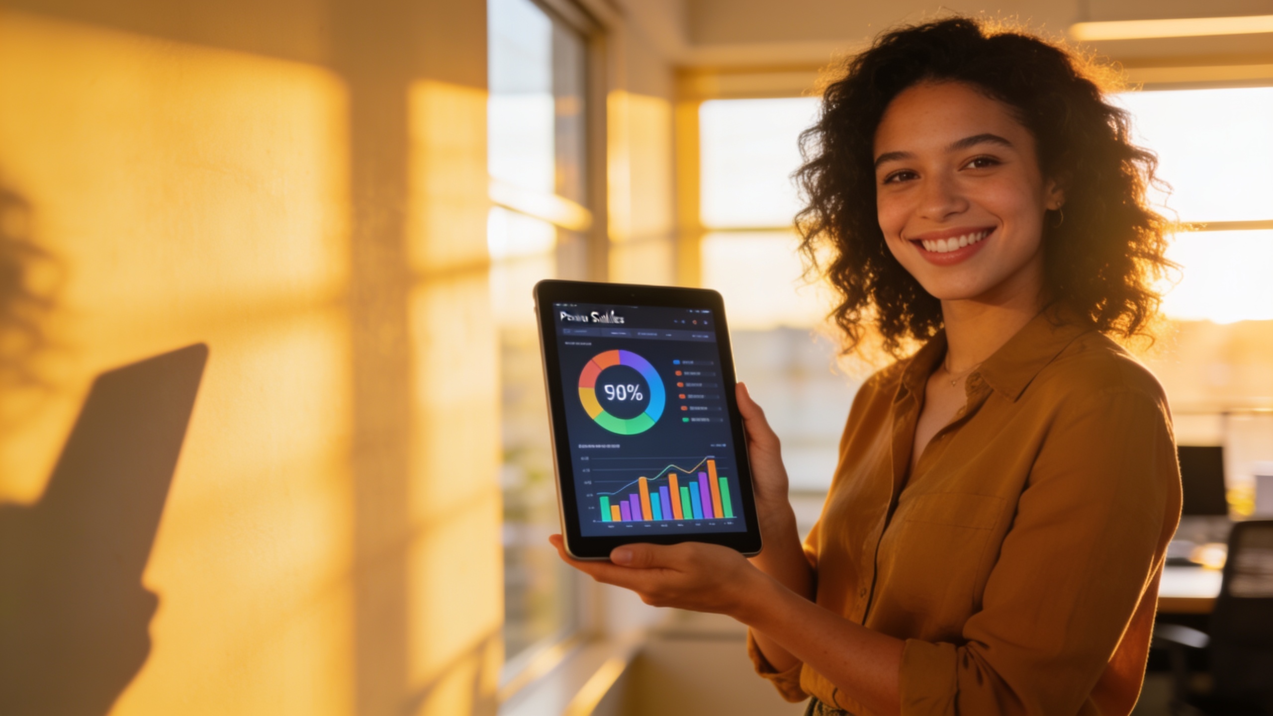 Freelance souriant analysant la croissance de ses demandes de devis sur tablette dans un bureau moderne et lumineux eclairage chaud