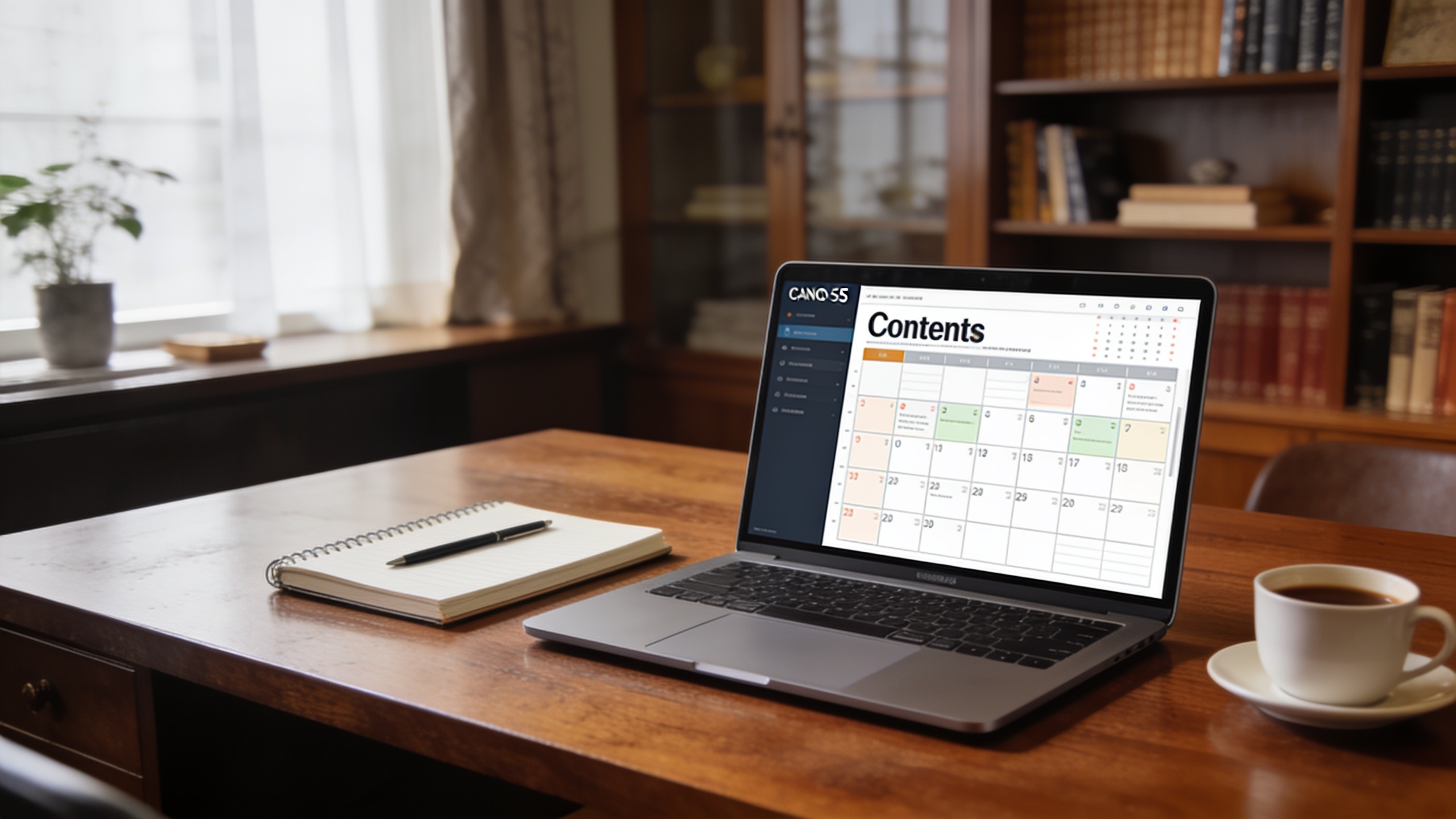 Bureau de travail epure avec ordinateur affichant un calendrier de publications marketing complet et organise lumiere du jour ambiance sereine