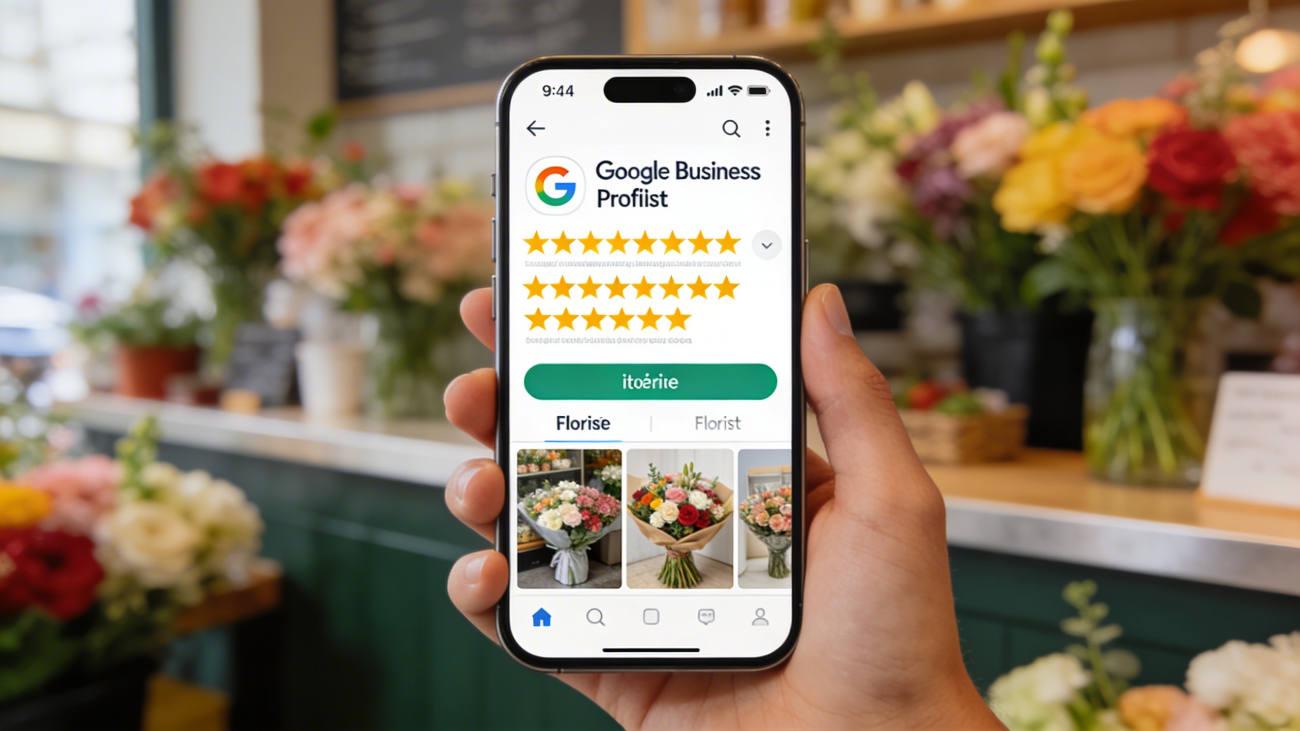 Gros plan sur un smartphone affichant la fiche Google Business Profile d'un fleuriste, avec de nombreuses étoiles d'avis, des photos de bouquets et l'option 'itinéraire'. En arrière-plan flou, des fleurs fraîches et un comptoir de fleuriste. Style photo réaliste, lumière du jour, composition claire et nette.