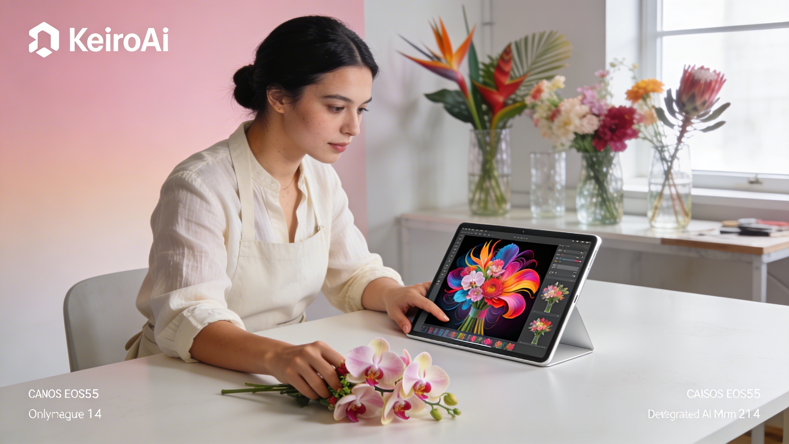 Un entrepreneur fleuriste utilise la plateforme KeiroAI sur une tablette pour générer des images IA de bouquets de fleurs exotiques. L'écran de la tablette montre des visuels vibrants et créatifs, et le fleuriste a l'air concentré et satisfait. Ambiance studio de création, lumière douce, style photo réaliste.