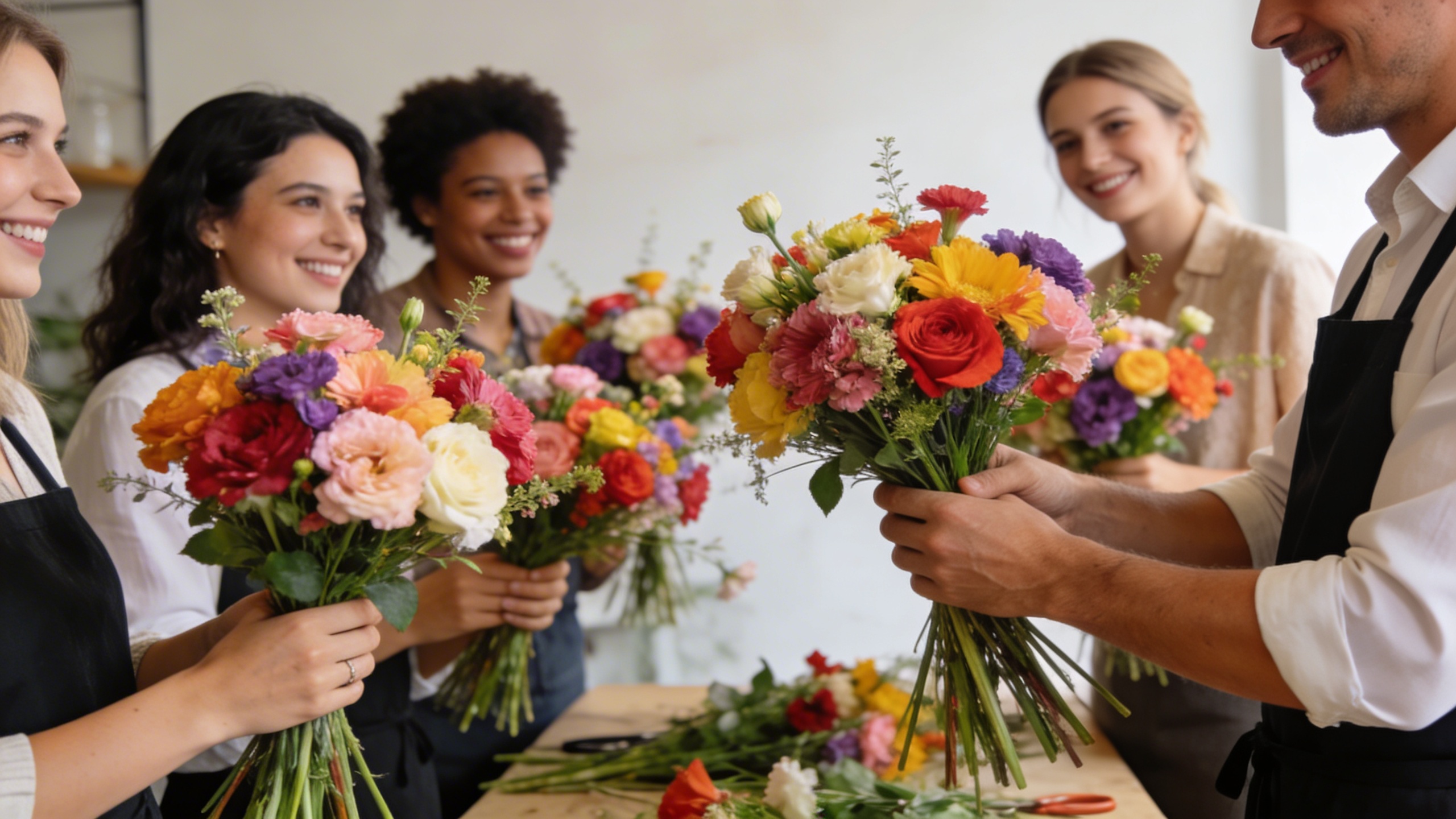 Un groupe de personnes souriantes et attentives lors d'un atelier floral dirigé par une fleuriste passionnée. Ils composent des bouquets colorés dans une ambiance conviviale et créative. Lumière naturelle, style photo éditorial, gros plan sur les mains et les fleurs.