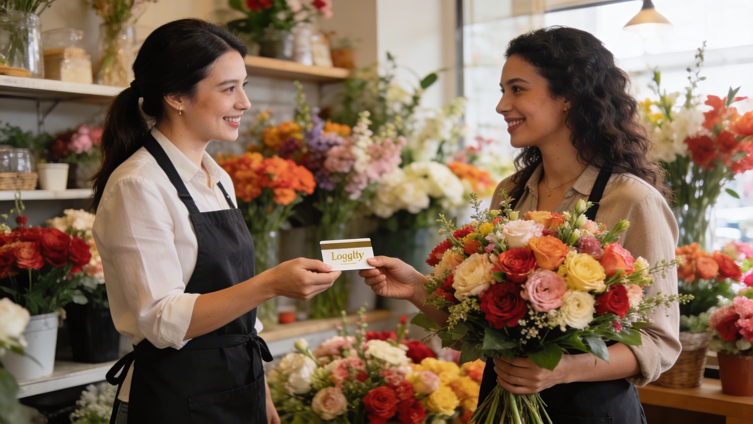 Une fleuriste interagit chaleureusement avec une cliente fidèle dans sa boutique. La cliente tient un magnifique bouquet et la fleuriste lui présente une carte de fidélité ou une offre personnalisée. Scène conviviale, lumière douce, style photo réaliste, axé sur l'humain.