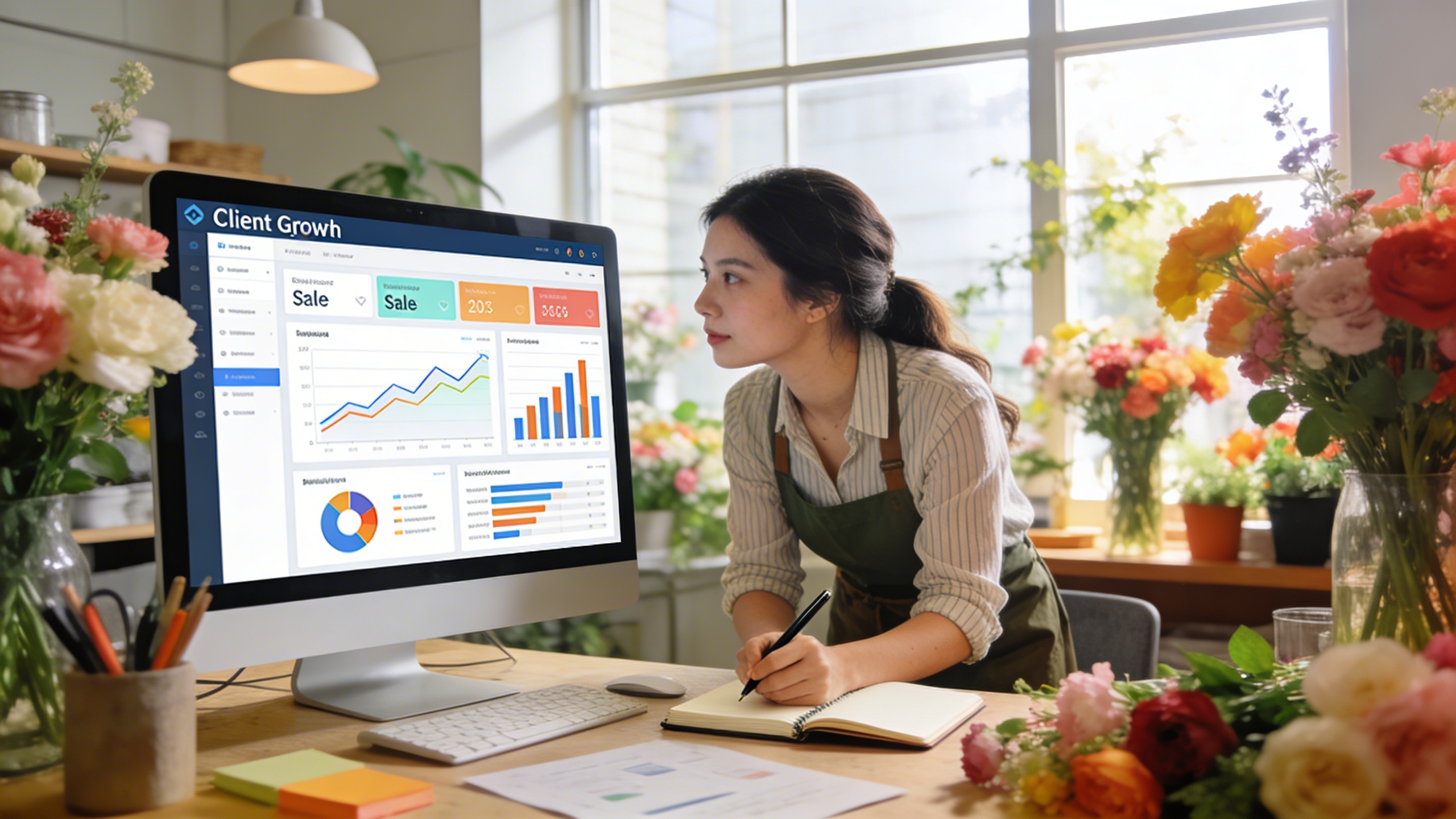 Une fleuriste moderne et organisée regarde un tableau de bord numérique affichant des graphiques de croissance de clientèle et de ventes. Elle prend des notes sur un carnet, symbolisant l'analyse de données pour optimiser sa stratégie marketing. Ambiance bureau créatif, lumière naturelle, style photo éditorial.