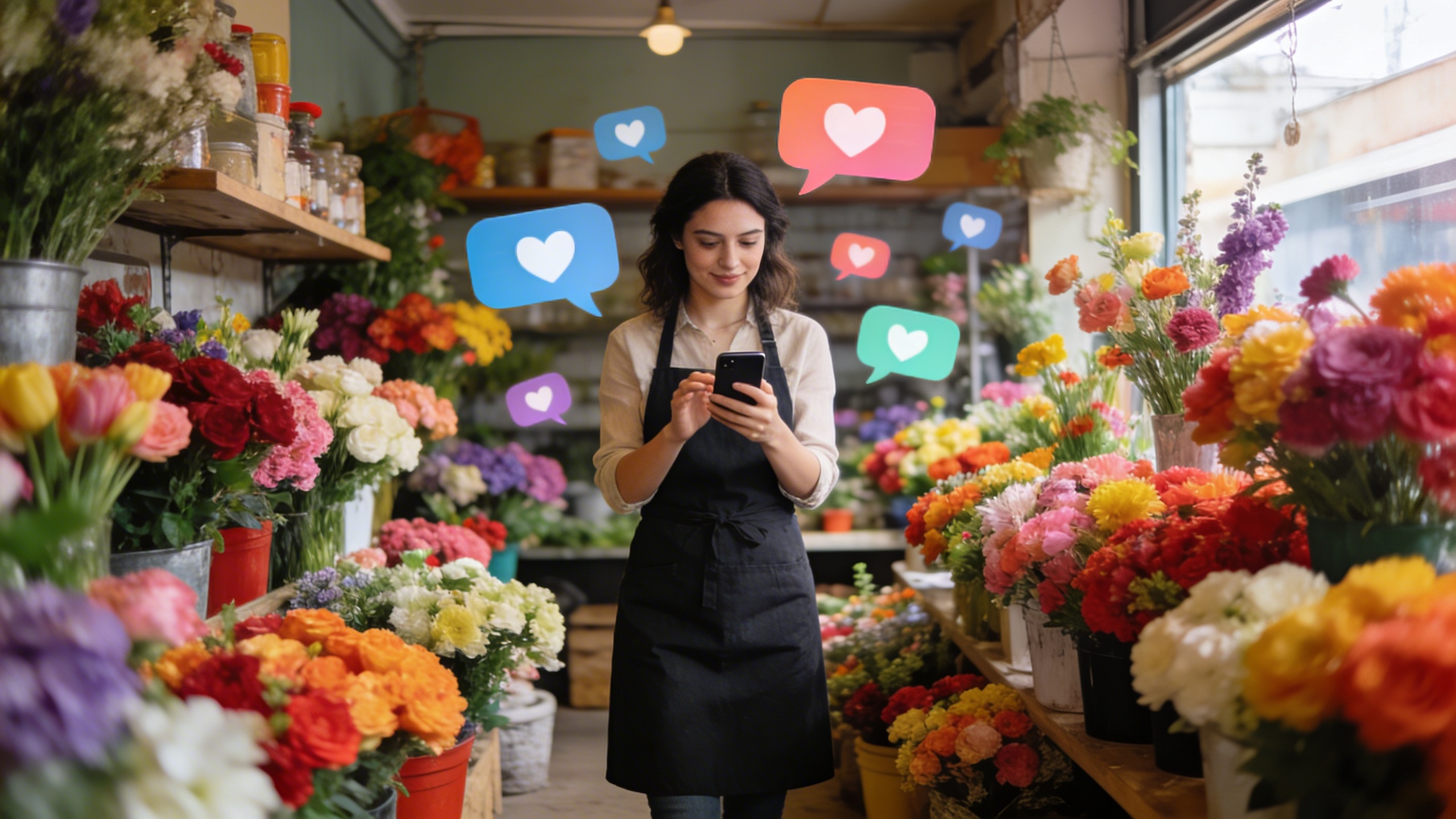 Une femme entrepreneur gérant une petite boutique de fleurs colorée, utilisant son smartphone pour interagir avec des clients sur les réseaux sociaux, avec des bulles de conversation et des likes flottant autour d'elle. L'image évoque l'engagement humain et la connexion directe avec la communauté locale. Lumière naturelle, ambiance chaleureuse et authentique, style photo éditorial.
