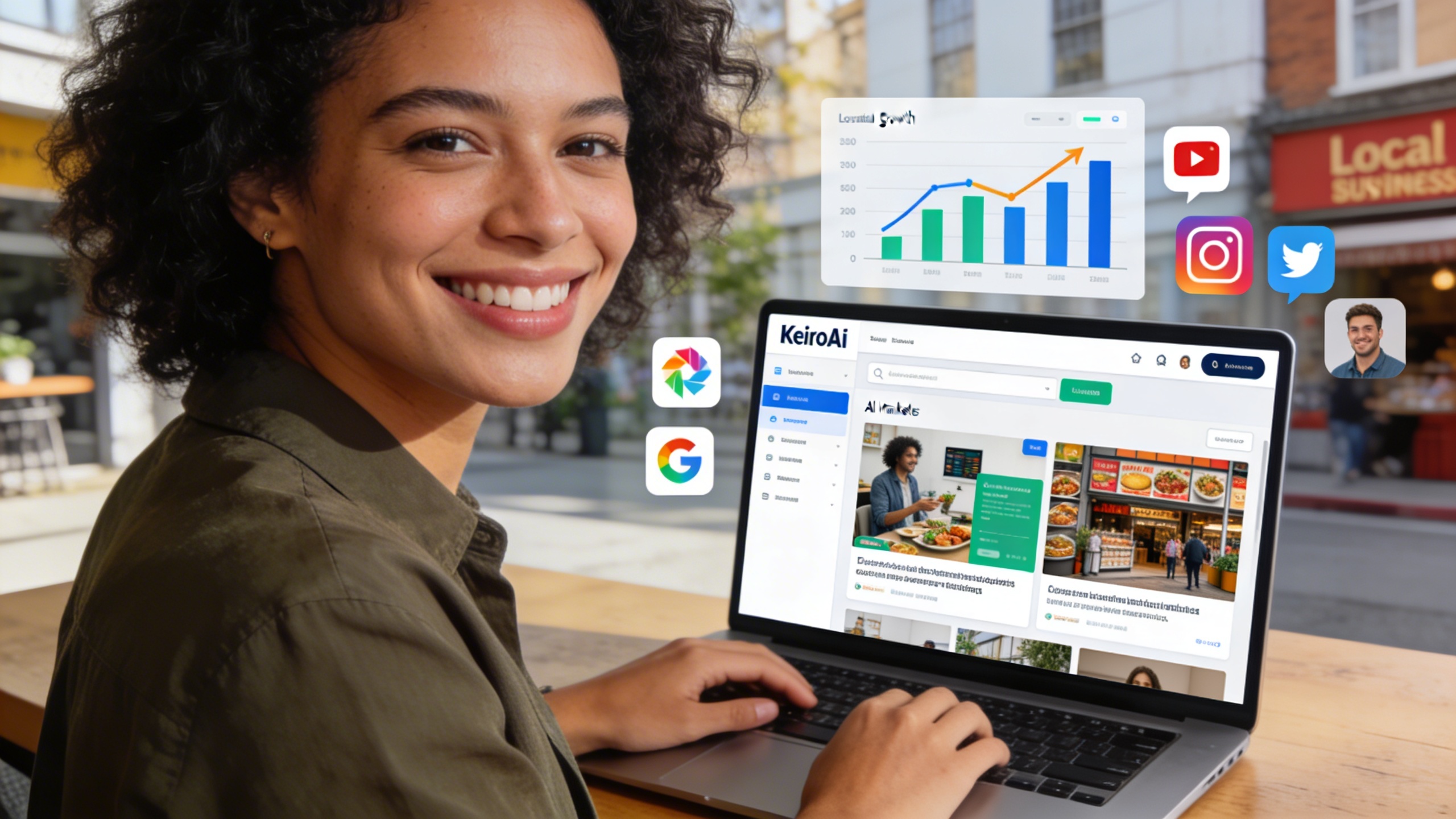 Un entrepreneur souriant devant son ordinateur portable, affichant l'interface conviviale de KeiroAI avec des visuels marketing générés par IA. Des graphiques de croissance et des icônes de réseaux sociaux sont visibles en arrière-plan, symbolisant la facilité et l'efficacité de l'outil pour les commerces locaux. Lumière du jour, ambiance productive et moderne, style photo éditorial.