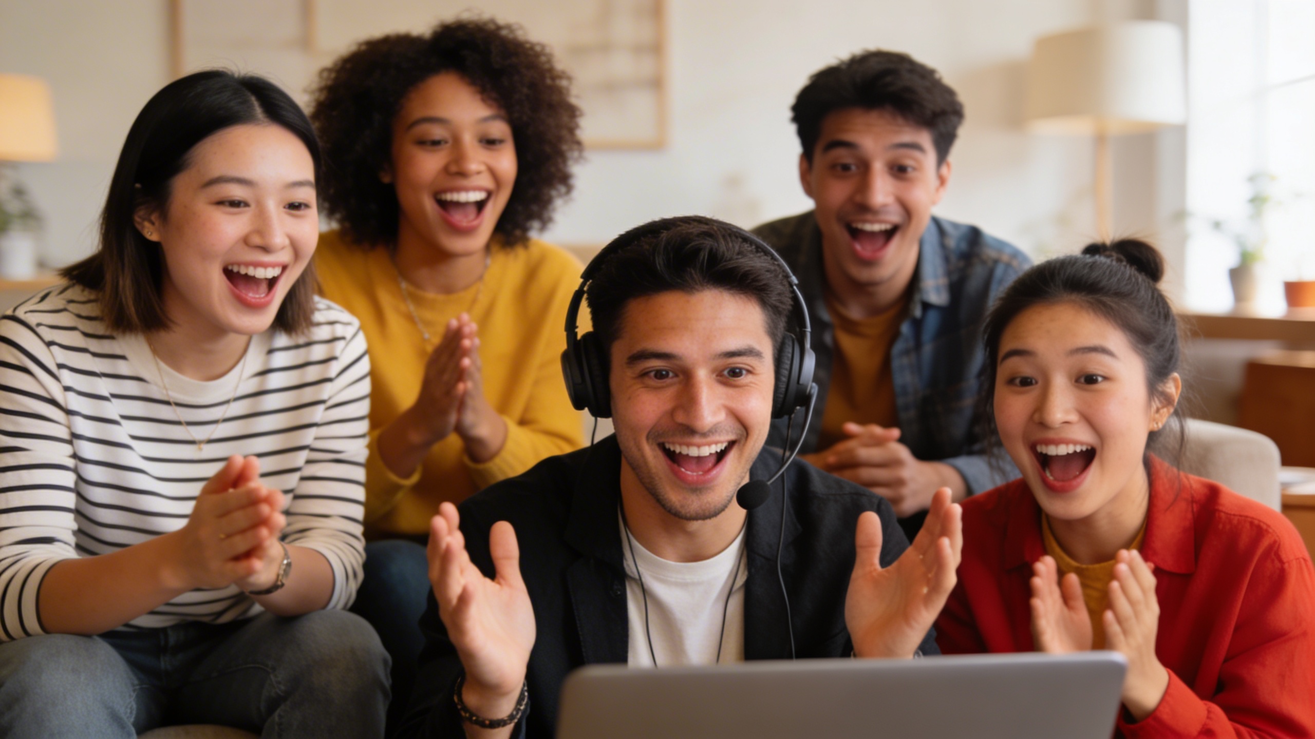 Un Community Manager humain interagissant avec des membres de sa communauté en ligne, avec des expressions de joie, de rire et de surprise visibles sur les visages des personnes. L'accent est mis sur l'émotion et la connexion humaine, montrant ce que l'IA ne peut pas encore reproduire. Ambiance chaleureuse et engageante, style photo éditorial.
