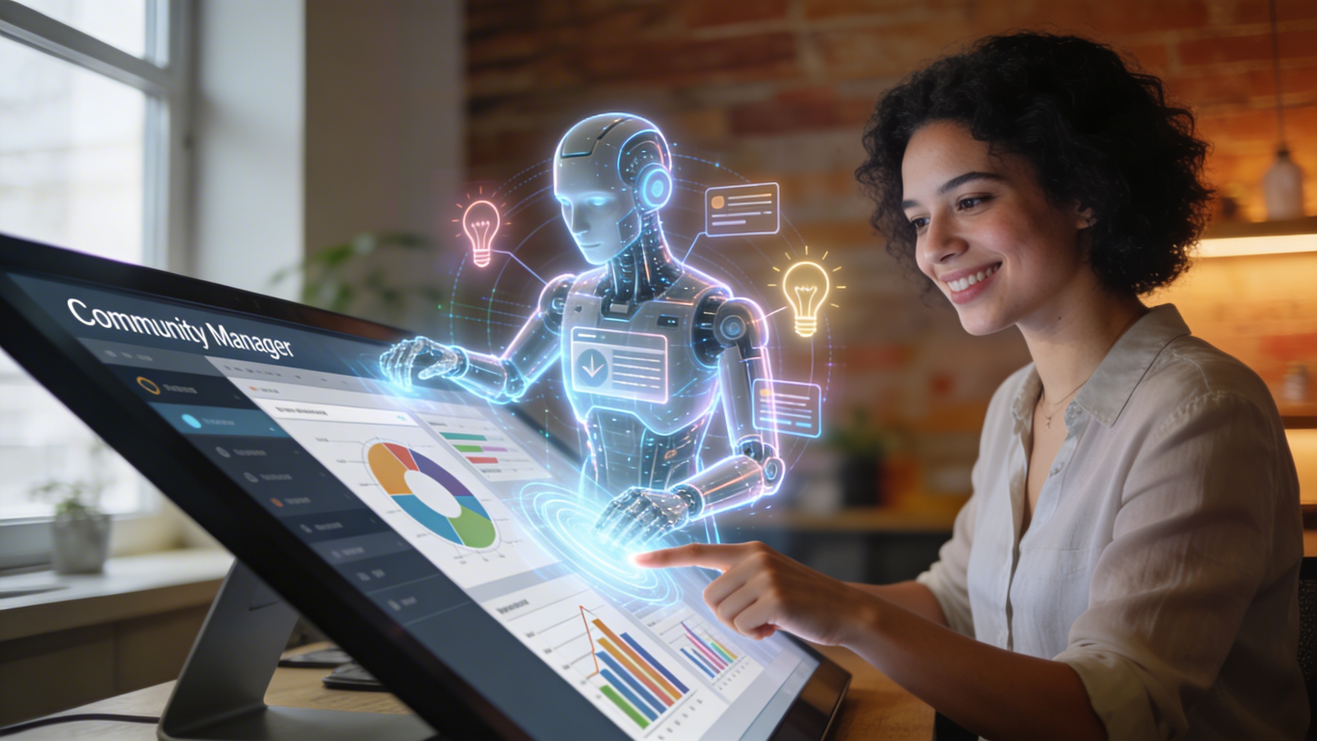 Un Community Manager et une intelligence artificielle symbolisée par des éléments holographiques futuristes travaillant en harmonie sur un grand écran tactile. Le CM humain est souriant et dirige l'IA qui génère des idées de contenu et des analyses de données, montrant une collaboration fluide et efficace. Ambiance futuriste mais chaleureuse, style photo éditorial high-tech.
