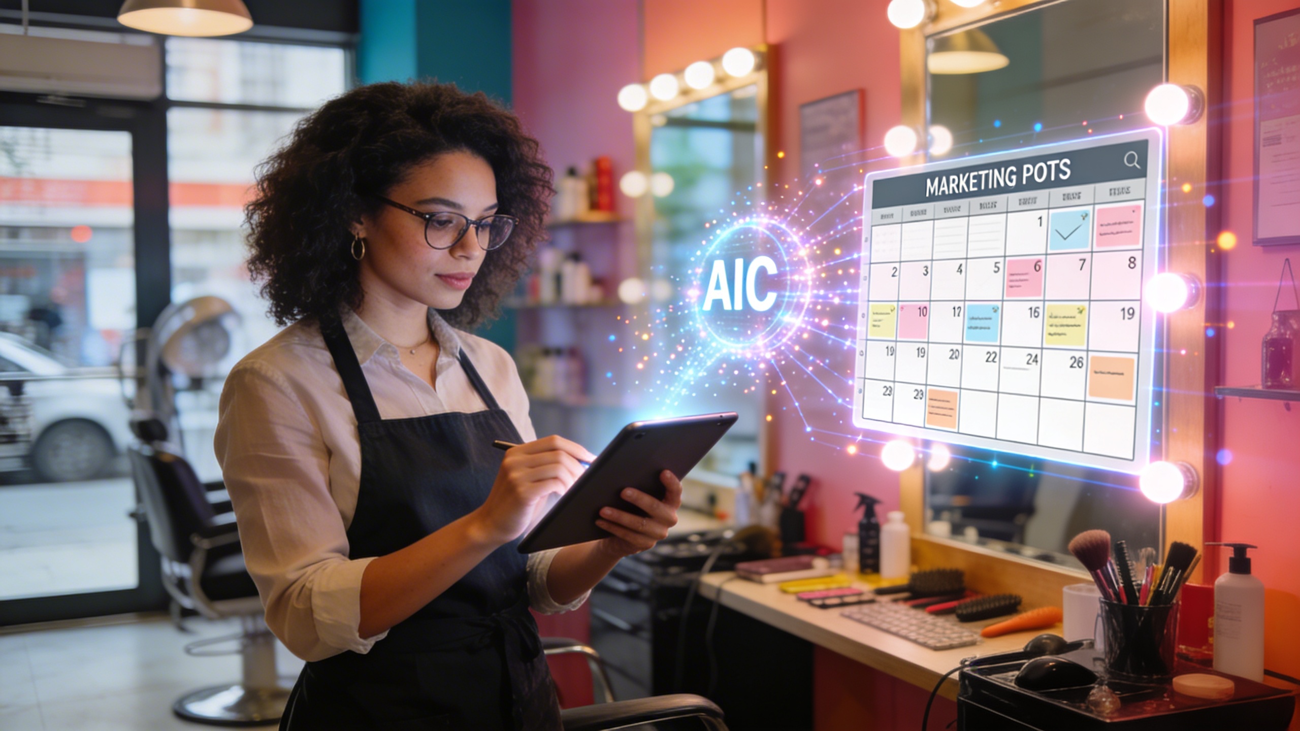 Une entrepreneure créative et dynamique, gérant son propre salon de coiffure stylé, utilisant une tablette pour planifier ses posts marketing. À côté d'elle, une représentation abstraite de l'IA aide à organiser et optimiser son calendrier de contenu. L'image dégage une impression de modernité, d'efficacité et d'autonomie pour les commerces locaux. Lumière douce, ambiance chic et professionnelle, style photo éditorial.