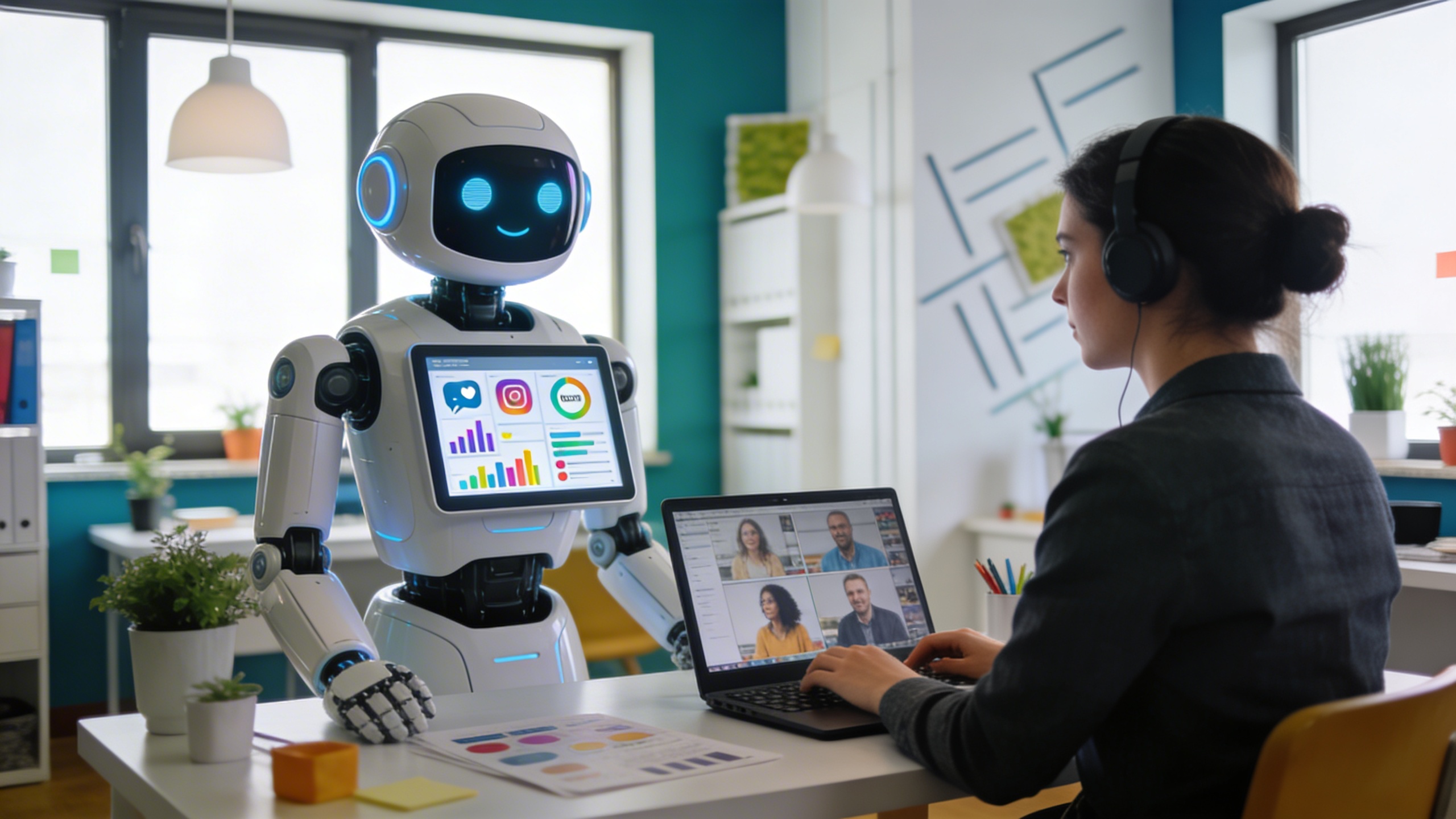 Un robot assistant IA amical et stylisé, avec un écran affichant des statistiques de réseaux sociaux et des idées de contenu, travaillant aux côtés d'un community manager humain qui interagit avec des clients en ligne, dans une ambiance de collaboration harmonieuse et futuriste, style photo éditorial magazine