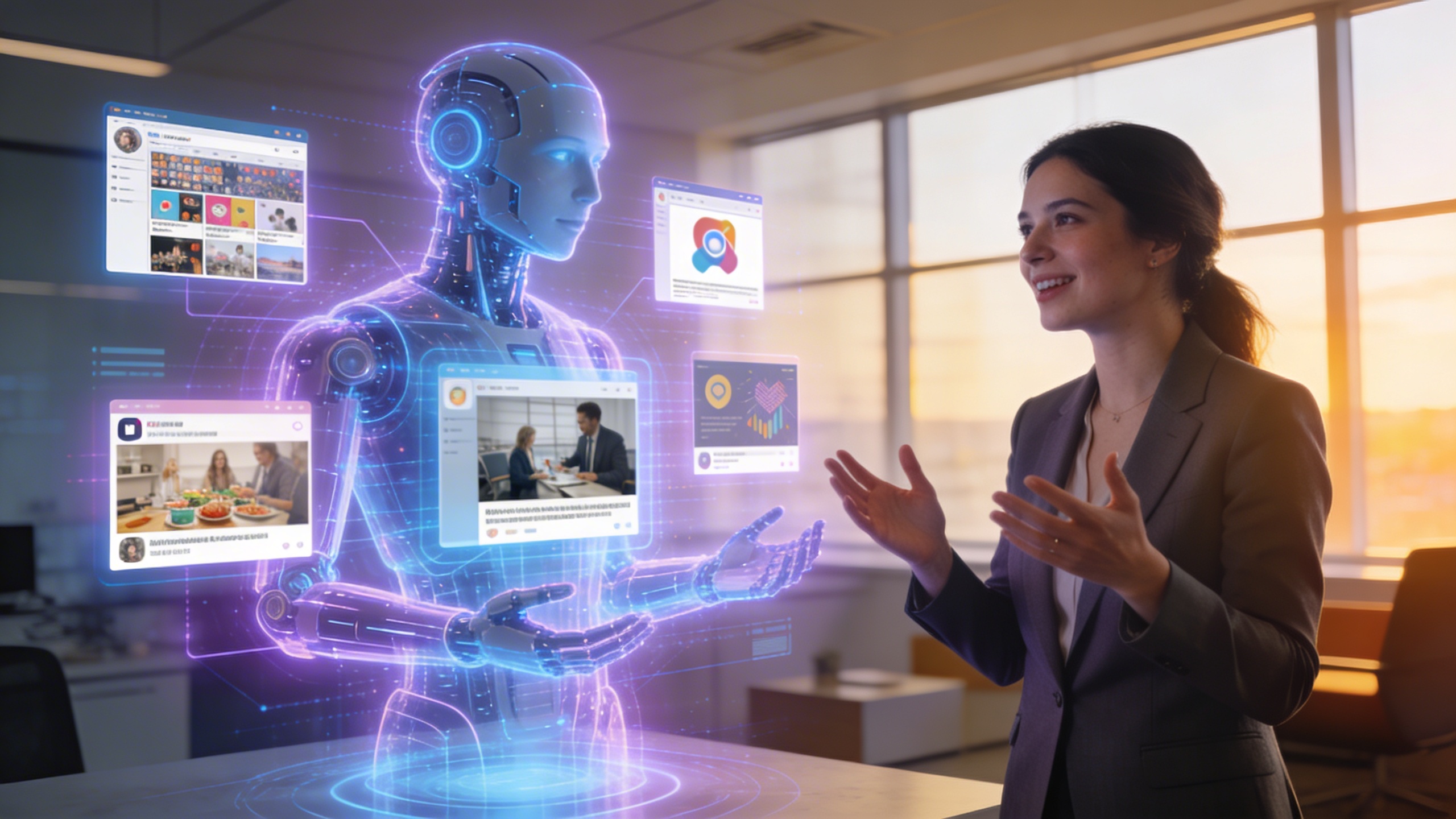 Un community manager humain et une intelligence artificielle représentée par une interface holographique travaillant en parfaite synchronisation. L'humain gère les interactions émotionnelles et la stratégie, tandis que l'IA automatise la publication de contenu visuel de haute qualité pour les réseaux sociaux de commerces locaux, ambiance de collaboration futuriste et efficace, style photo éditorial magazine