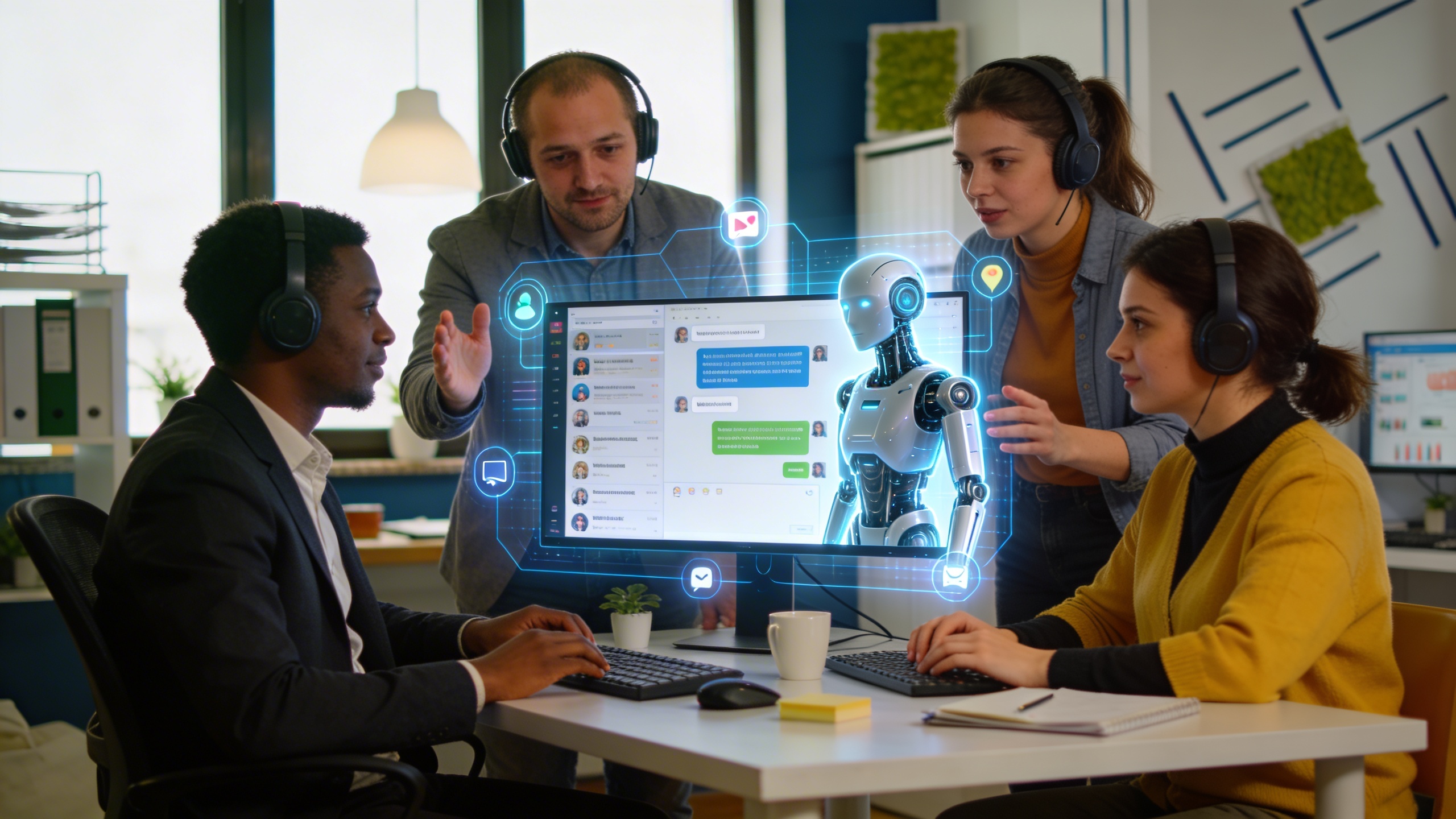 Une équipe dynamique de community managers humains travaillant en collaboration avec une interface d'intelligence artificielle sur des écrans lumineux. Ils partagent des idées, réagissent aux commentaires des clients et créent des stratégies innovantes pour les réseaux sociaux de commerces locaux, ambiance de synergie créative et productive, style photo éditorial magazine