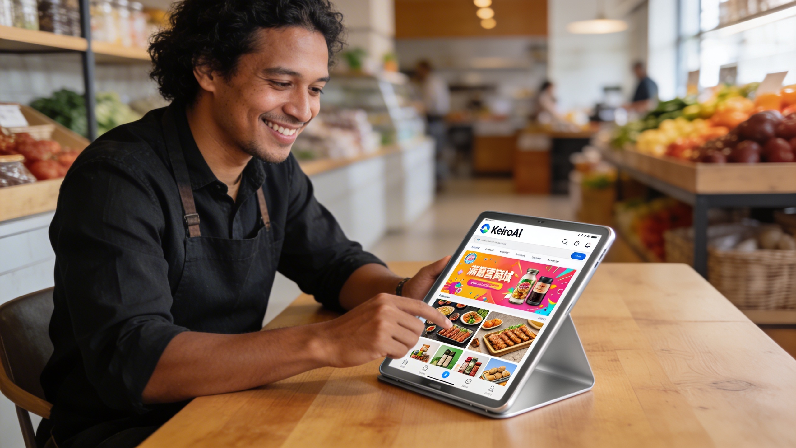 Un entrepreneur ou commerçant local souriant et décontracté utilisant l'application KeiroAI sur sa tablette pour générer rapidement des visuels marketing époustouflants pour sa boutique. La scène est lumineuse et moderne, mettant en valeur la facilité d'utilisation de la plateforme et l'impact visuel des créations, style photo éditorial magazine