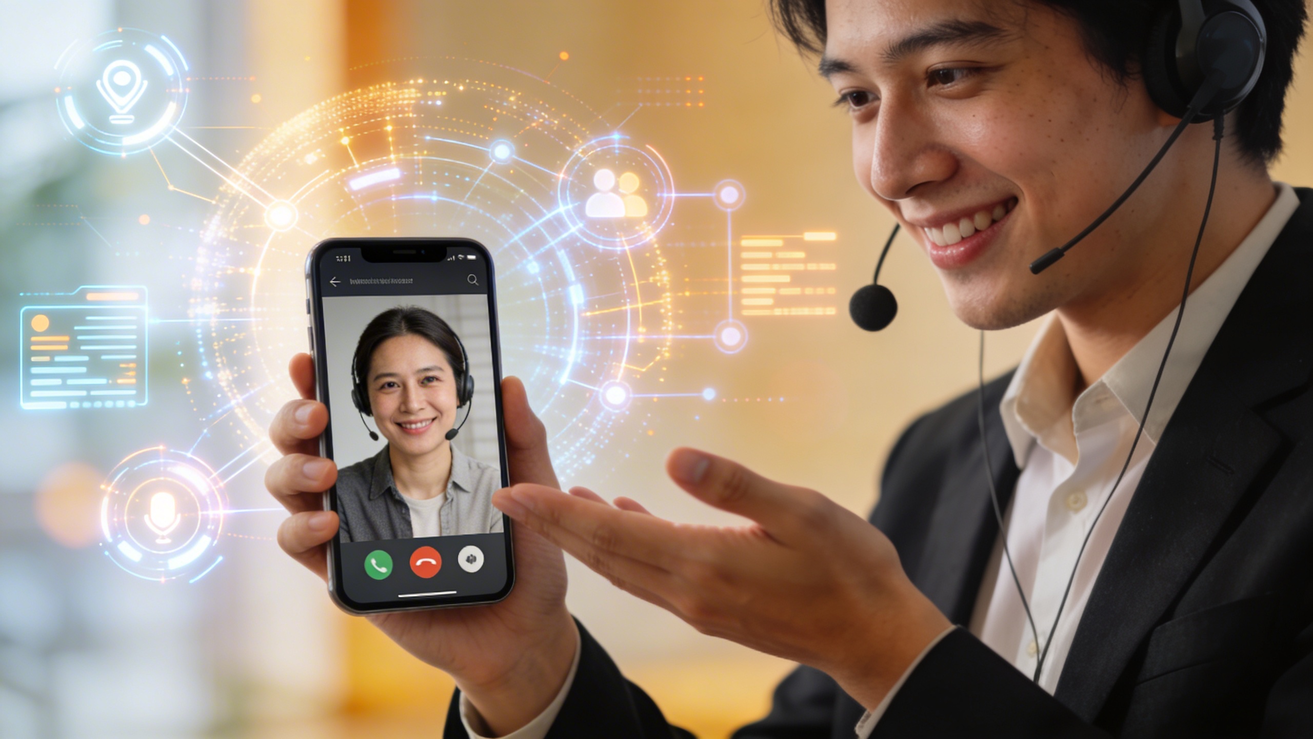 Un Community Manager humain interagissant chaleureusement avec un client via un écran de smartphone, montrant des émotions positives et de l'empathie, avec un fond flou de graphiques d'IA comme outils en arrière-plan, style photo éditorial, lumière naturelle