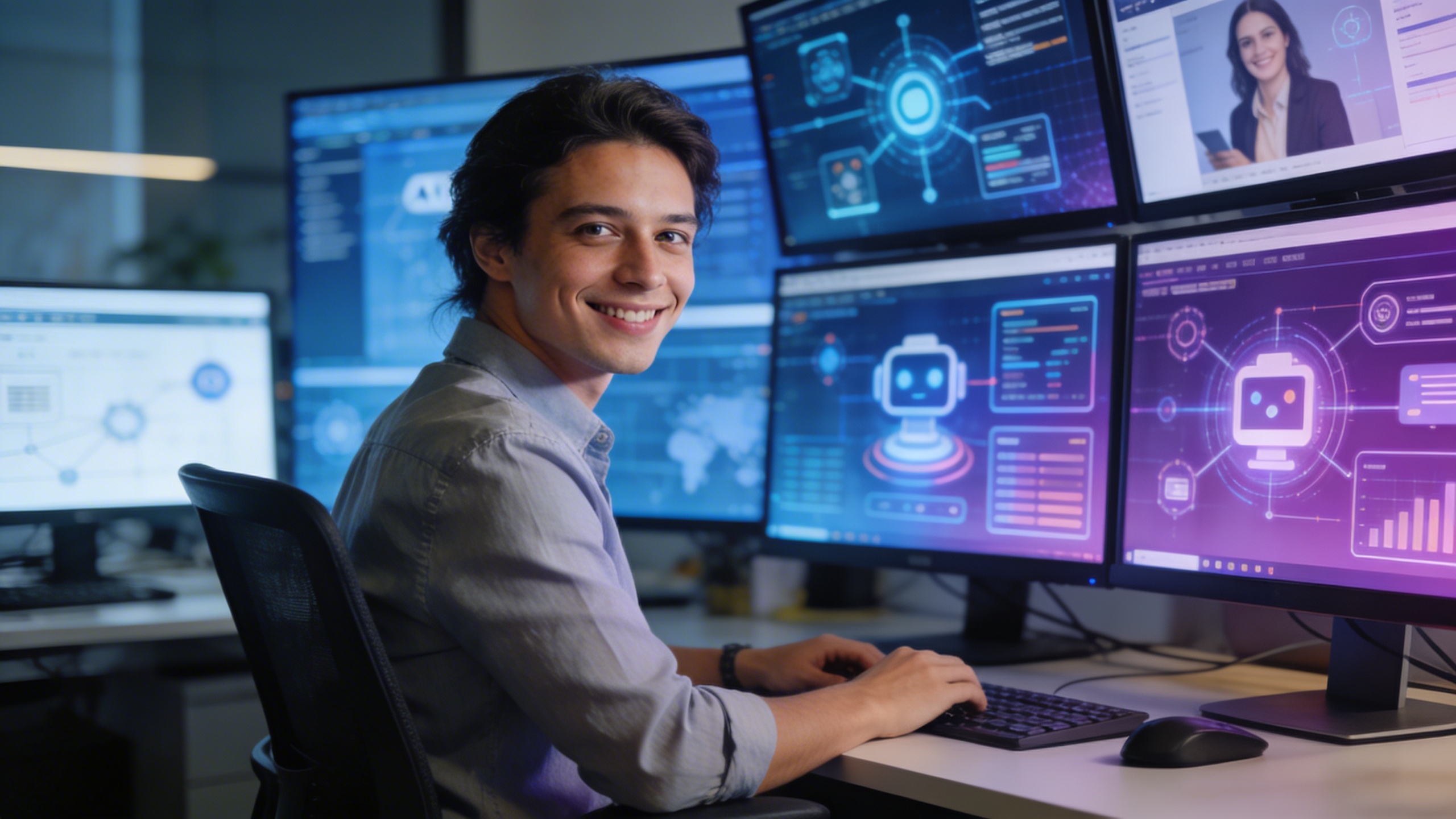 Un entrepreneur souriant et confiant, entouré d'outils digitaux intuitifs symbolisant l'IA qui l'aide à gérer son marketing, il se concentre sur l'interaction avec ses clients en ligne, dans un environnement de travail dynamique et moderne, style photo éditorial, lumière naturelle et teintes bleues et violettes