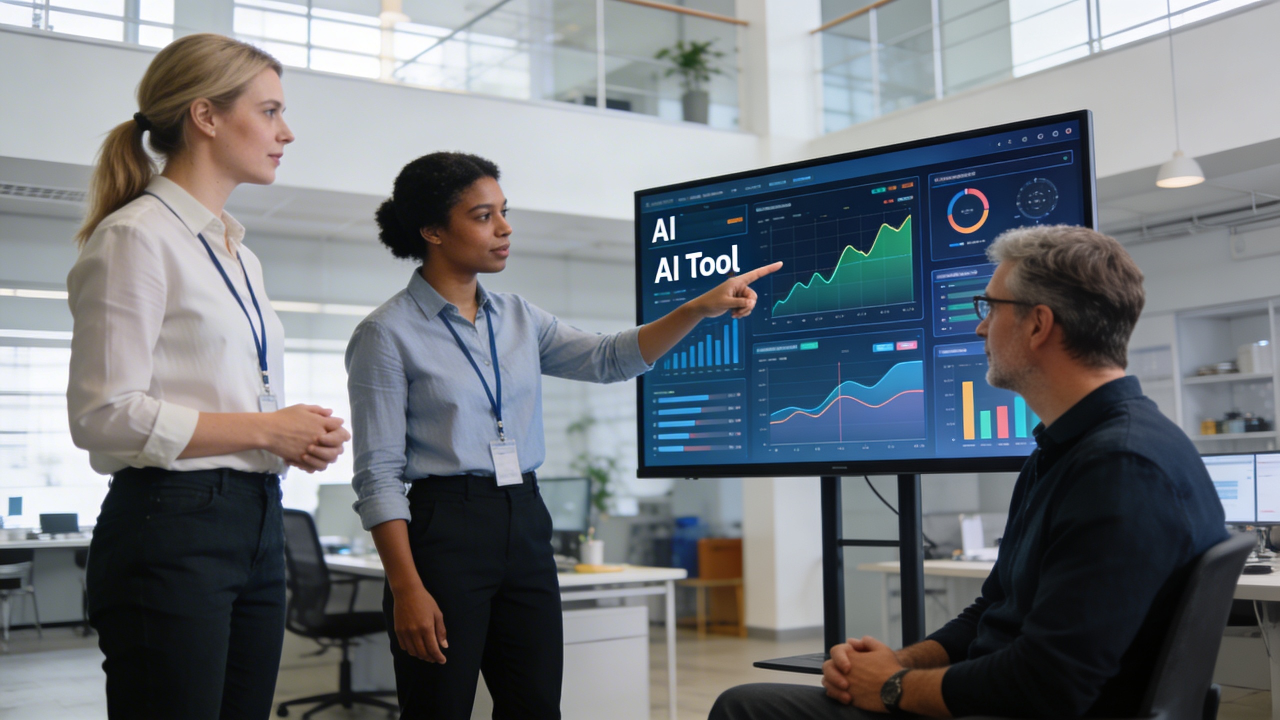 Une équipe de professionnels du marketing digital travaillant en collaboration, un humain dirigeant un écran où des outils d'IA sont visualisés, montrant une synergie entre l'intelligence artificielle et l'expertise humaine, dans un open space moderne et collaboratif, ambiance lumineuse et productive, style photo éditorial