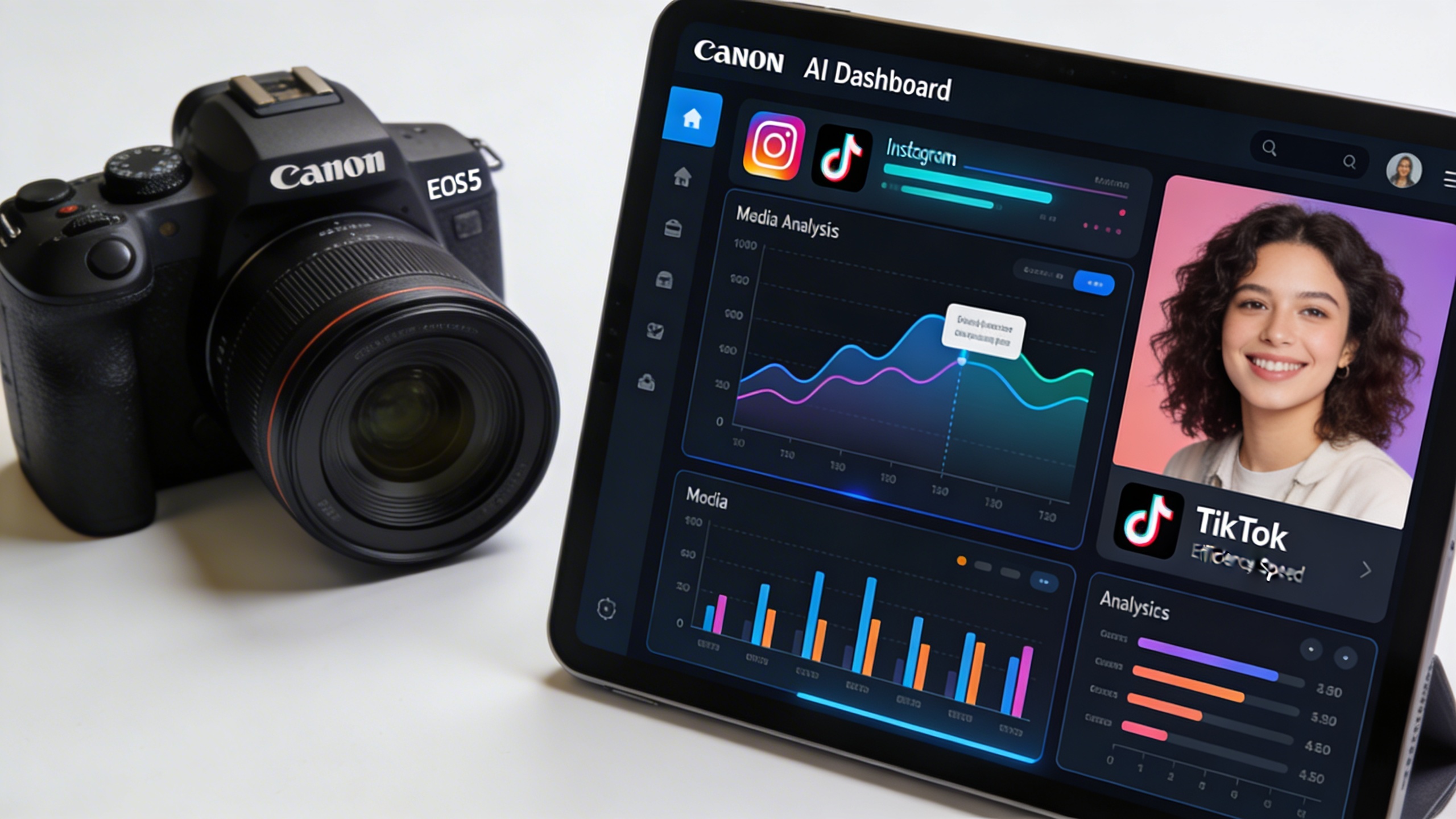 Une interface de tableau de bord d'intelligence artificielle affichant des graphiques et des données d'analyse pour les réseaux sociaux, avec des icônes de plateformes comme Instagram et TikTok. L'écran est lumineux et moderne, montrant l'efficacité et la rapidité de l'IA pour le traitement des données. Style photo éditorial, gros plan, éclairage studio.