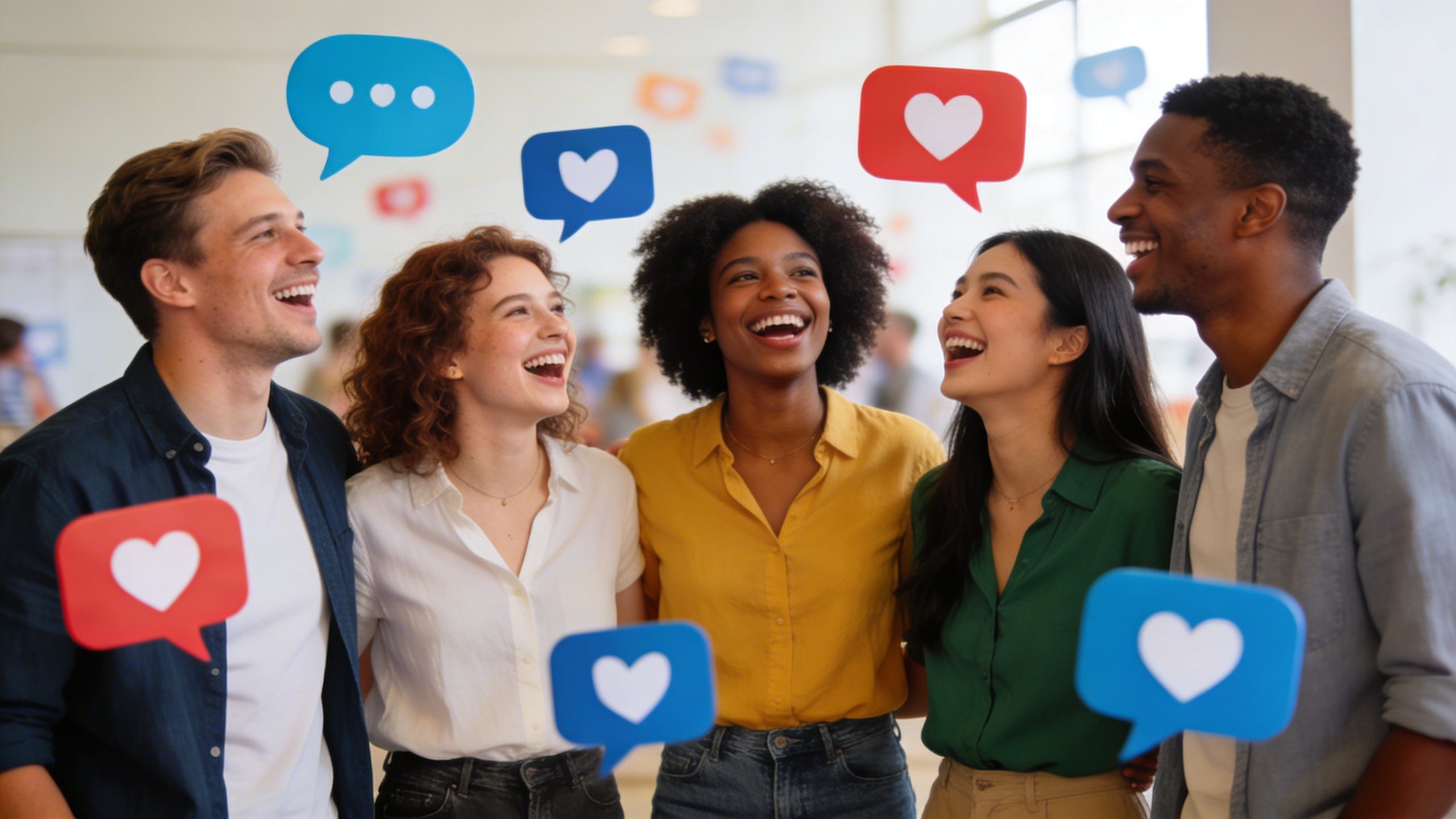Un groupe de personnes diversifiées interagissant de manière authentique et émotionnelle sur les réseaux sociaux, symbolisé par des bulles de conversation et des likes flottant autour d'eux. Le fond est flou, mettant l'accent sur les visages expressifs et les connexions humaines. Style photo éditorial, lumière douce et naturelle.