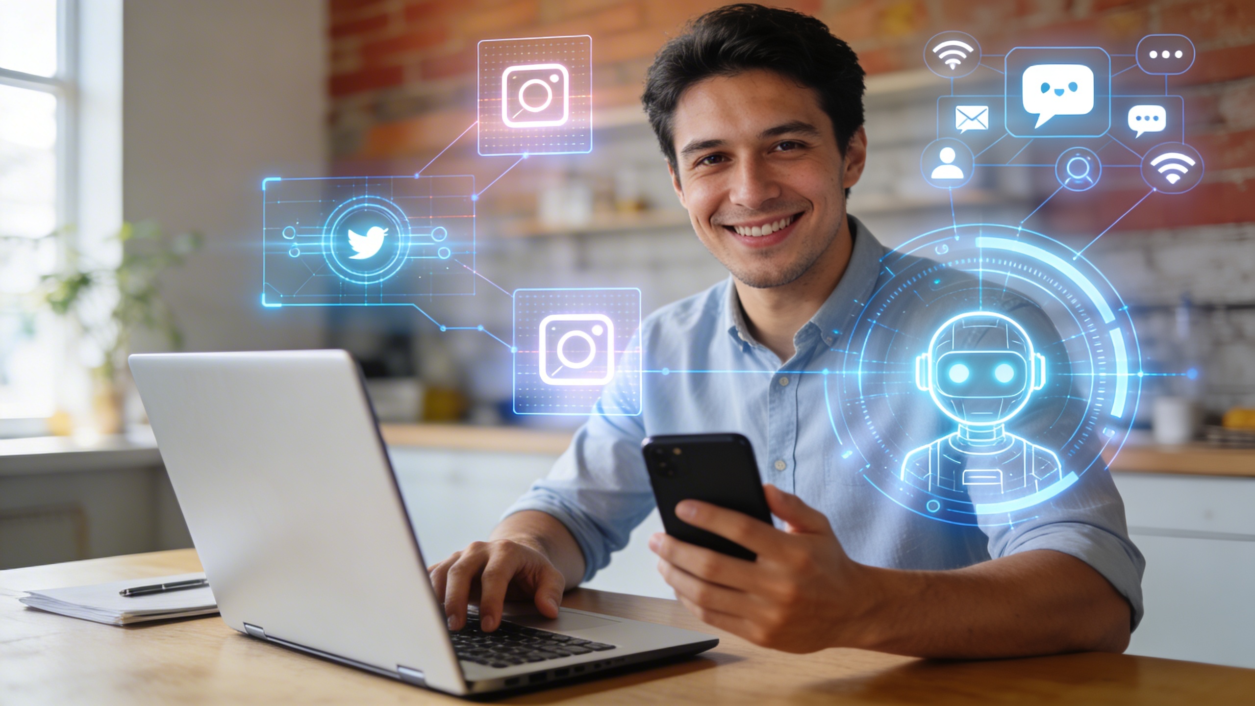 Un Community Manager dynamique et souriant utilisant un ordinateur portable et un smartphone, avec des éléments d'IA représentés par des interfaces futuristes et des icônes de réseaux sociaux. L'ambiance est collaborative et efficace, montrant l'humain en contrôle de la technologie. Style photo éditorial, lumière du jour, composition moderne.