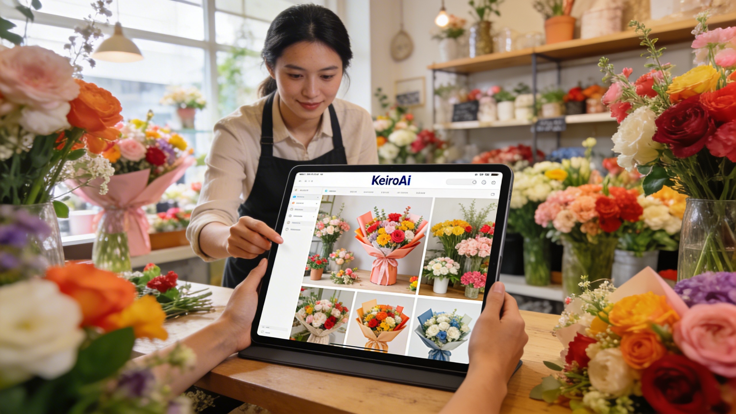 Un entrepreneur local, propriétaire d'une charmante boutique de fleurs, utilise une tablette pour générer des visuels marketing éclatants avec KeiroAI, montrant des fleurs fraîches et des bouquets créatifs. L'ambiance est lumineuse et inspirante, avec un focus sur la facilité d'utilisation de l'outil. Style photo réaliste, couleurs vives, composition dynamique.