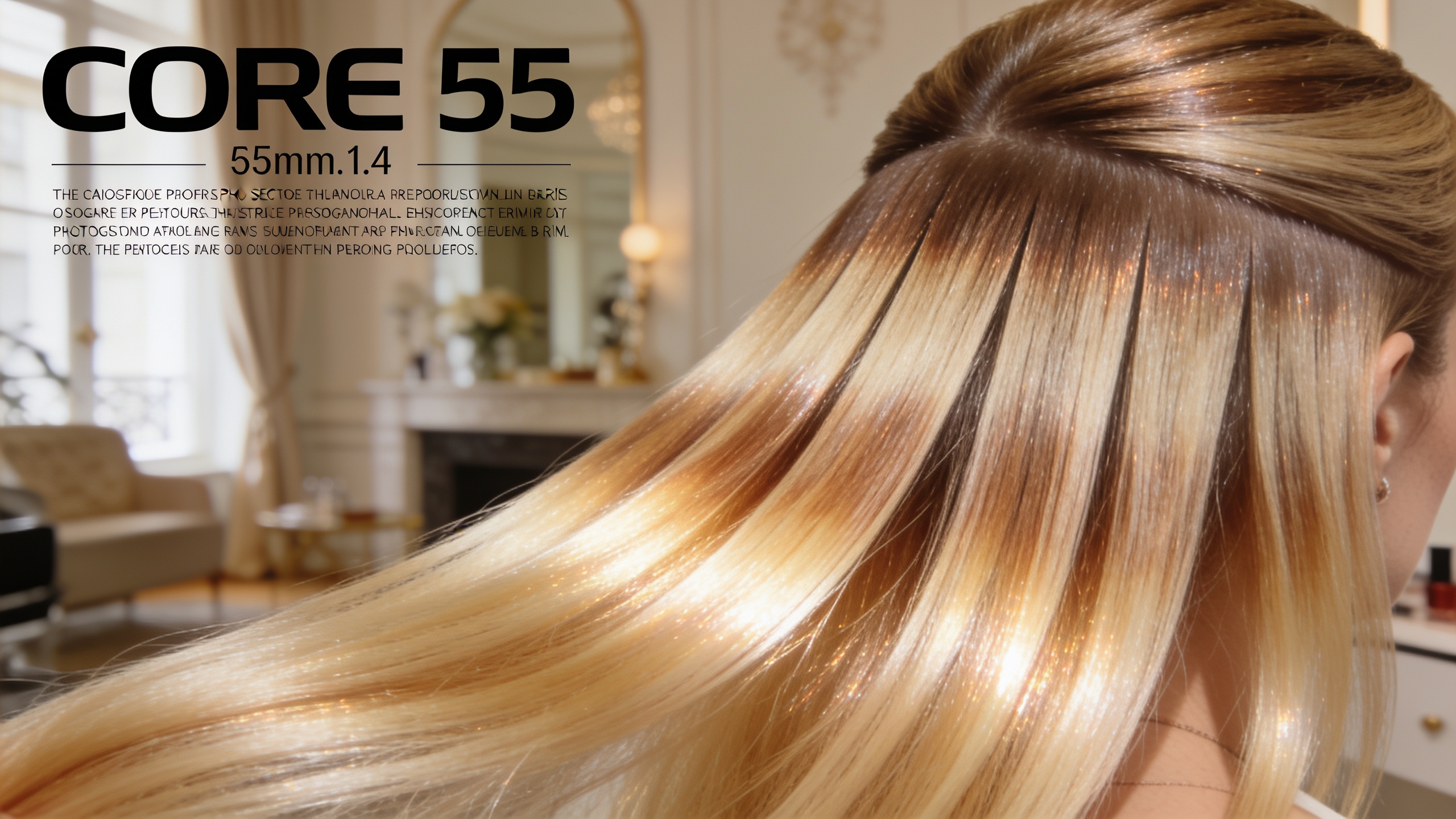gros plan sur une separation nette de cheveux montrant un balayage blond lumineux realise a la perfection dans un salon de coiffure elegant lumiere douce cinematique
