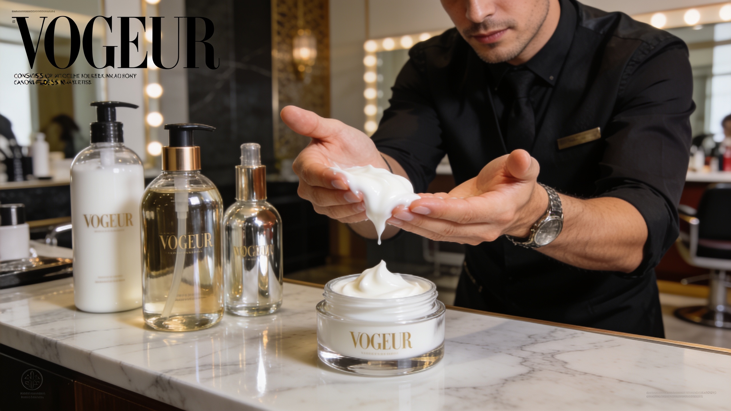 coiffeur expert montrant la texture d un soin capillaire sur ses doigts avec des flacons elegants disposes sur une tablette en marbre arriere plan sobre et chaleureux
