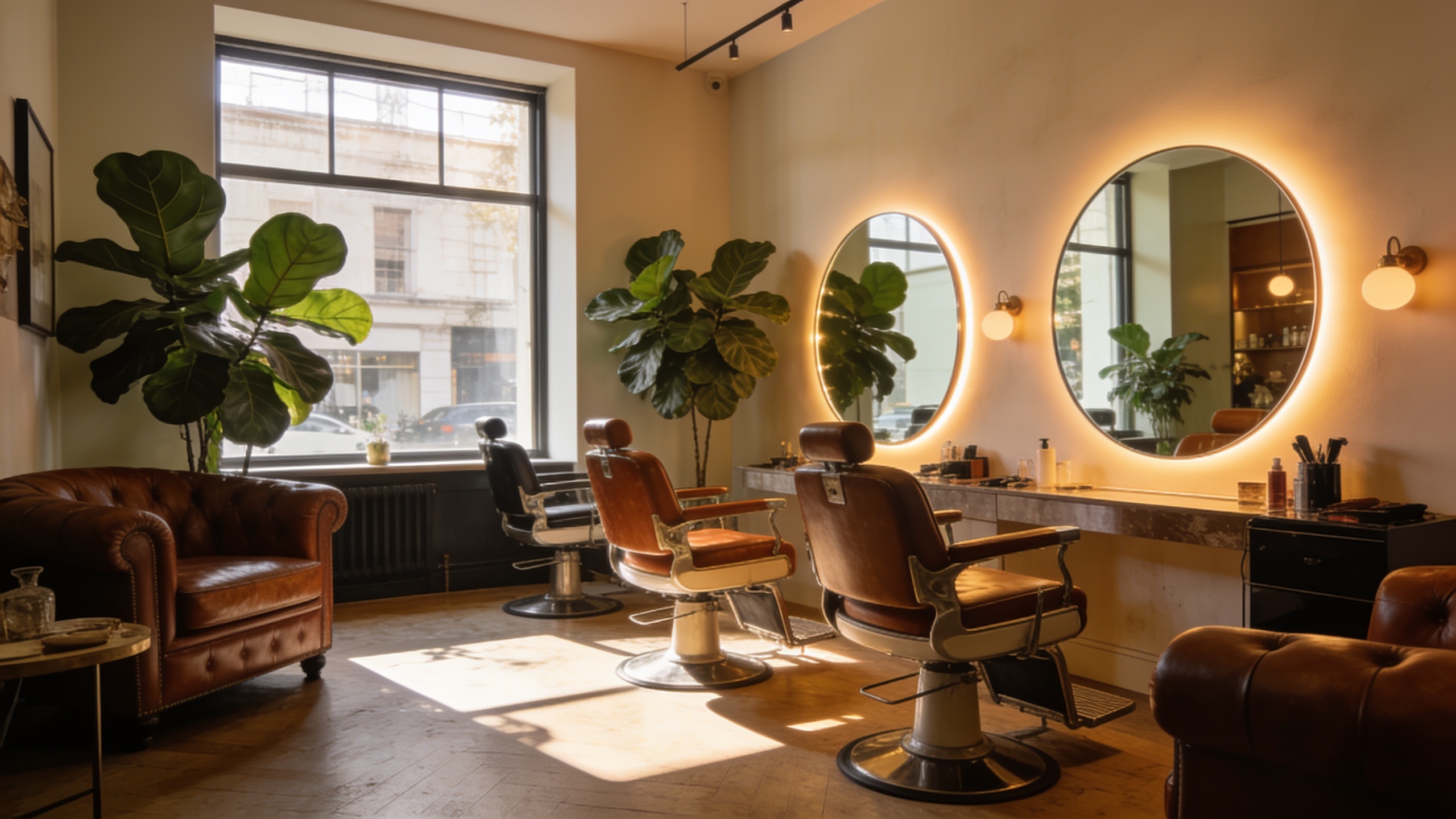 vue d ensemble d un salon de coiffure design avec fauteuils en cuir miroirs ronds lumineux plantes vertes et atmosphere conviviale et chaleureuse sans texte