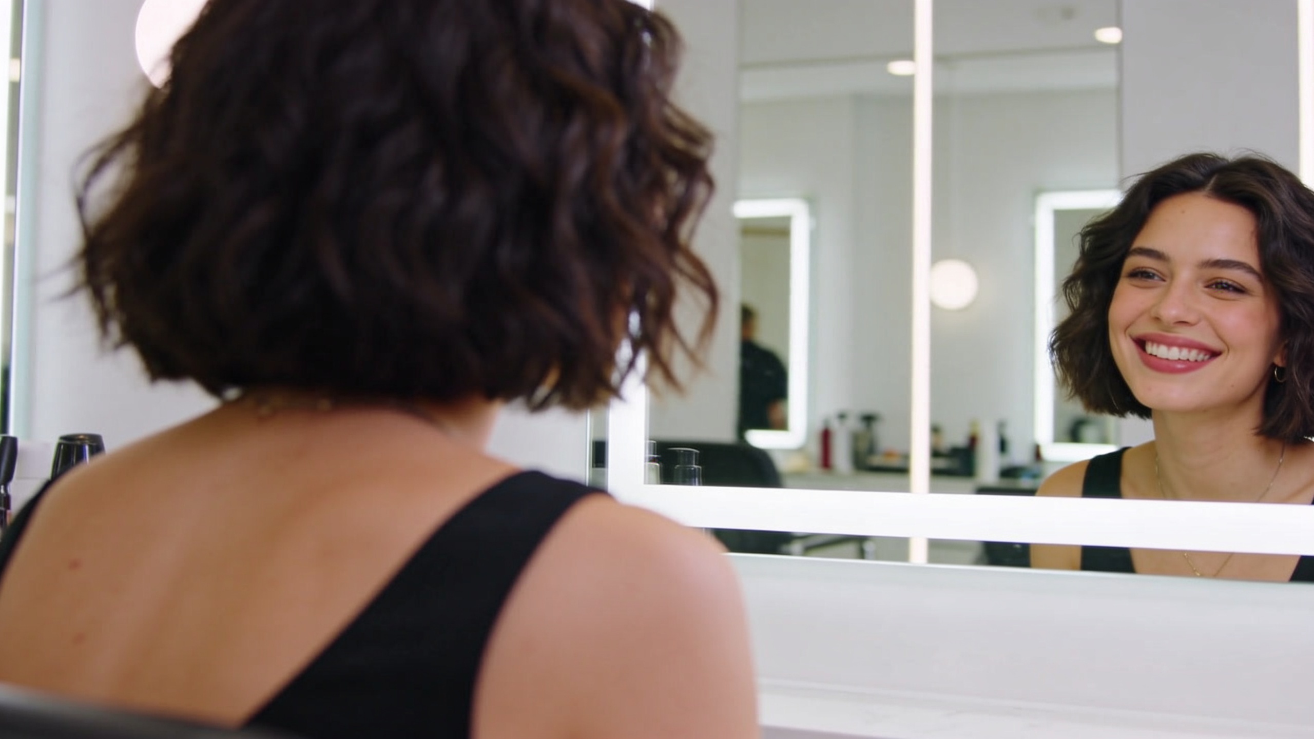 femme rayonnante admirant sa coupe courte texturiee dans un miroir de salon de coiffure reflet net sourire franc lumiere de studio douce