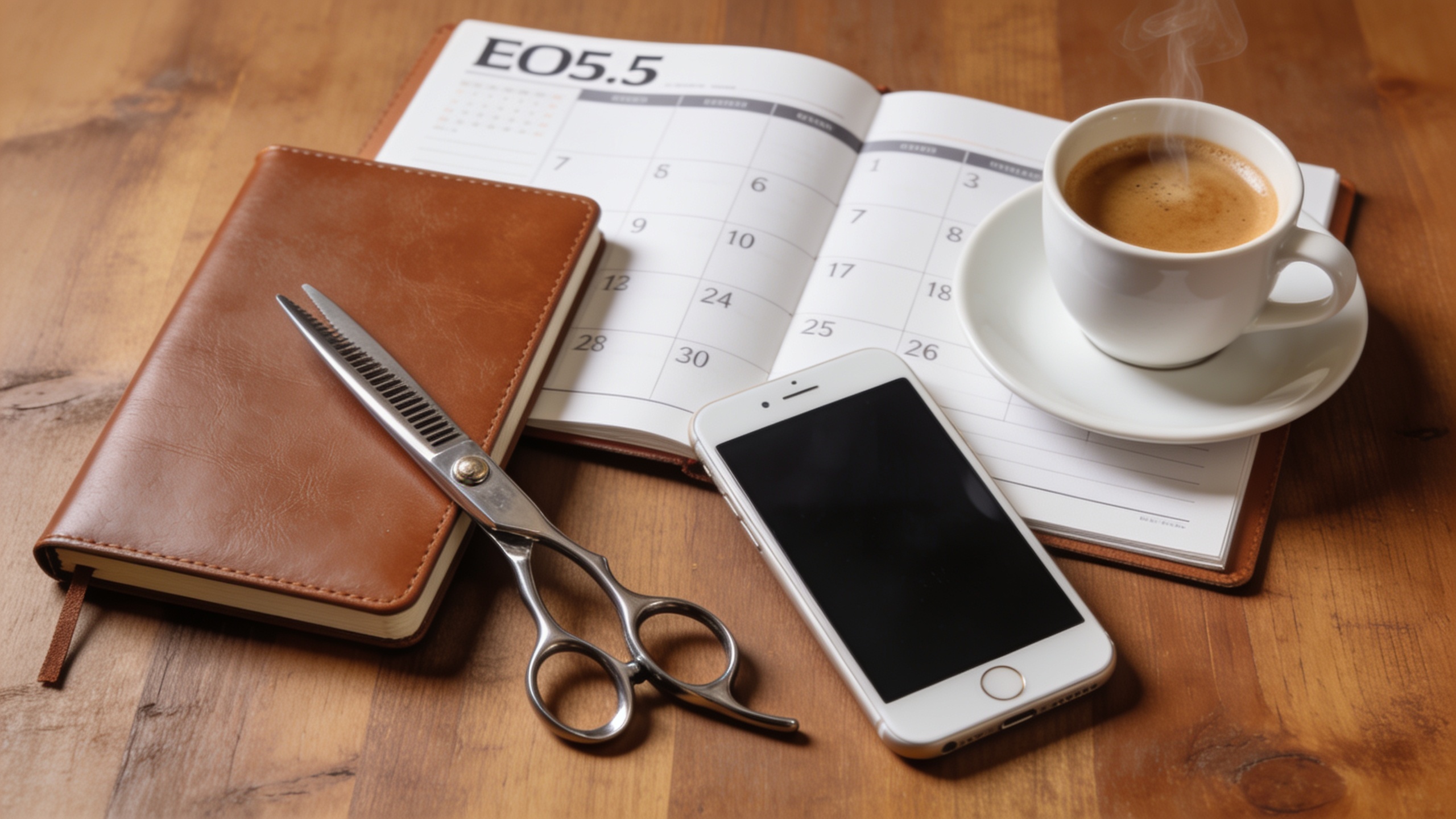bureau epure avec ciseaux professionnels carnet de rendez-vous cuir et smartphone posé a cote d une tasse de cafe vapeur legere composition cinematique