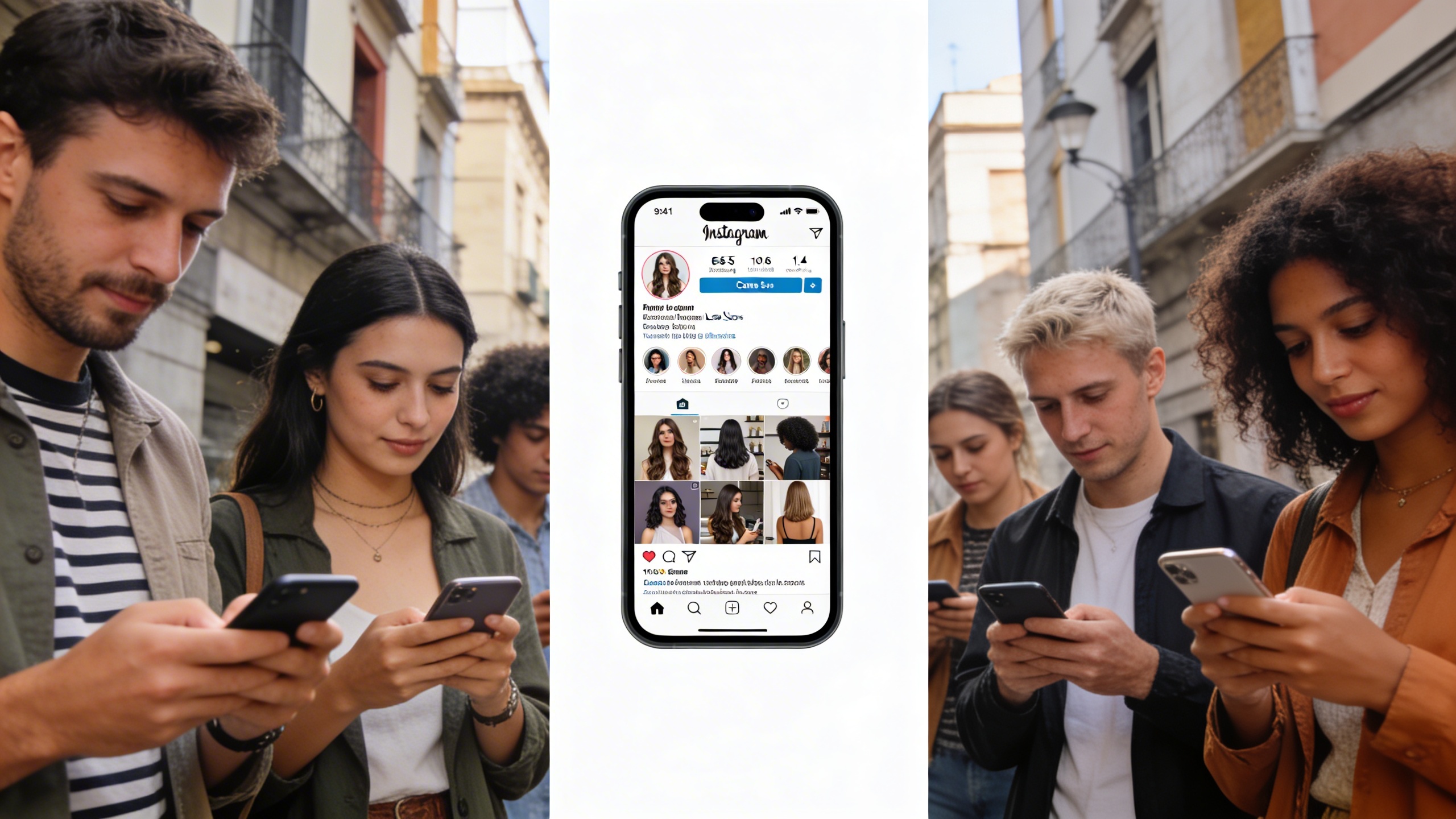 Un groupe de personnes diversifiées, de différents âges et ethnies, chacun absorbé par son smartphone, naviguant sur Instagram pour découvrir des salons de coiffure locaux. Ambiance urbaine et dynamique, lumière du jour, style photo éditorial de rue.