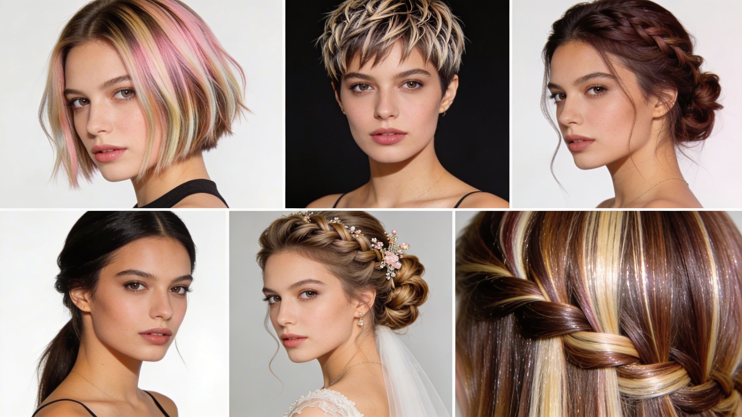 Un montage dynamique de différentes coiffures et techniques de salon de coiffure : un balayage subtil, une coupe courte tendance, une coiffure de mariage élégante, un soin capillaire en gros plan. Les images sont de haute qualité, lumineuses, avec une variété de modèles, style photo éditorial de mode.