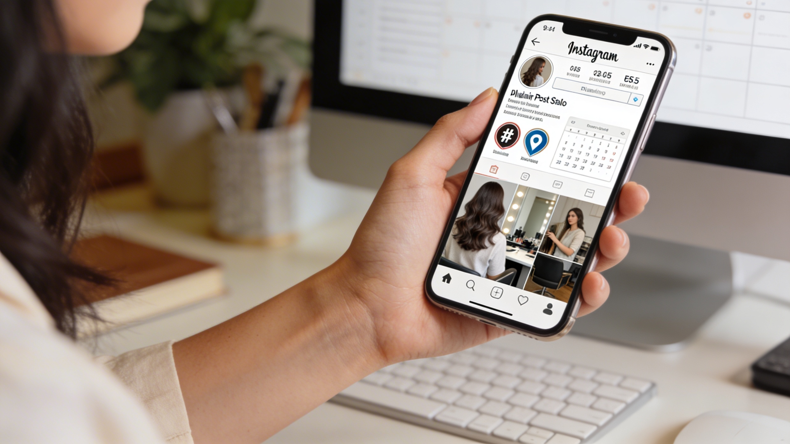 Une main féminine tenant un smartphone, l'écran affichant une interface de planification de posts Instagram pour un salon de coiffure. Des icônes de hashtags, de géolocalisation, et un calendrier sont visibles. Ambiance de travail organisée, lumière douce, style photo de bureau moderne.