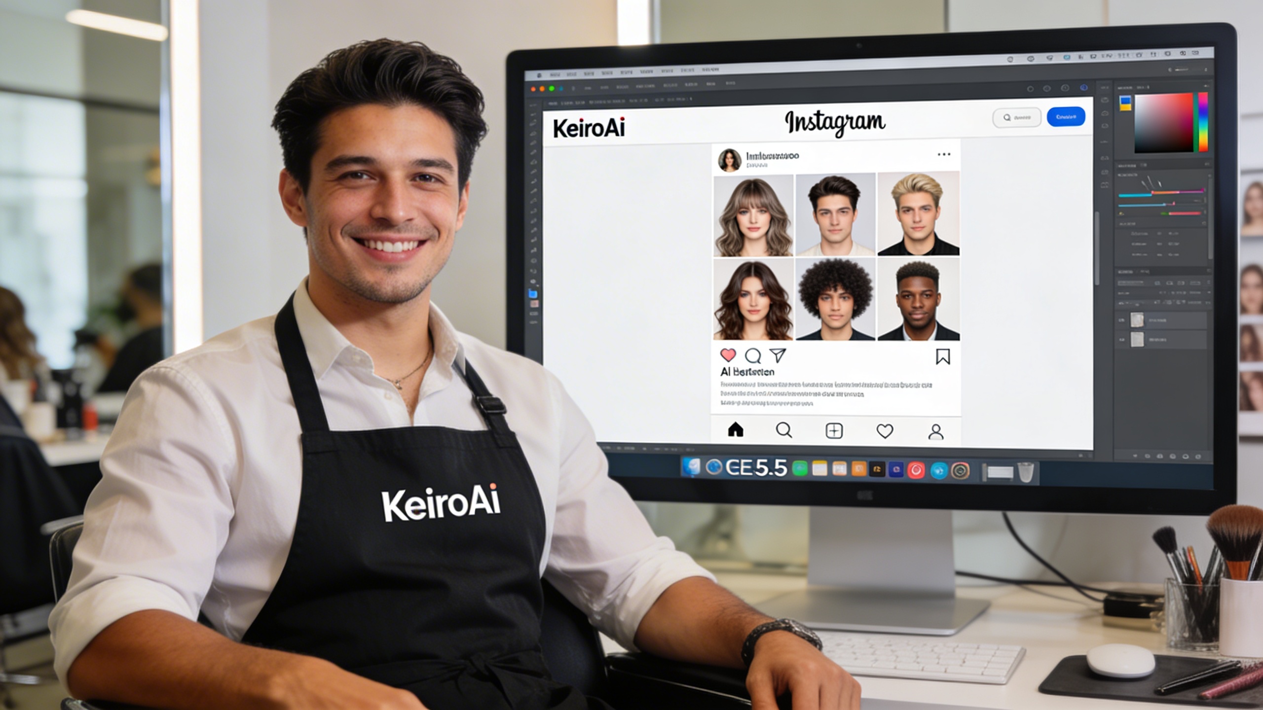 Un coiffeur souriant, l'air détendu et confiant, devant un grand écran d'ordinateur affichant l'interface intuitive de KeiroAI. L'écran montre des visuels de coiffures générés par l'IA, prêts à être publiés sur Instagram. Le salon est moderne et lumineux. Lumière naturelle, style photo éditorial, composition dynamique.