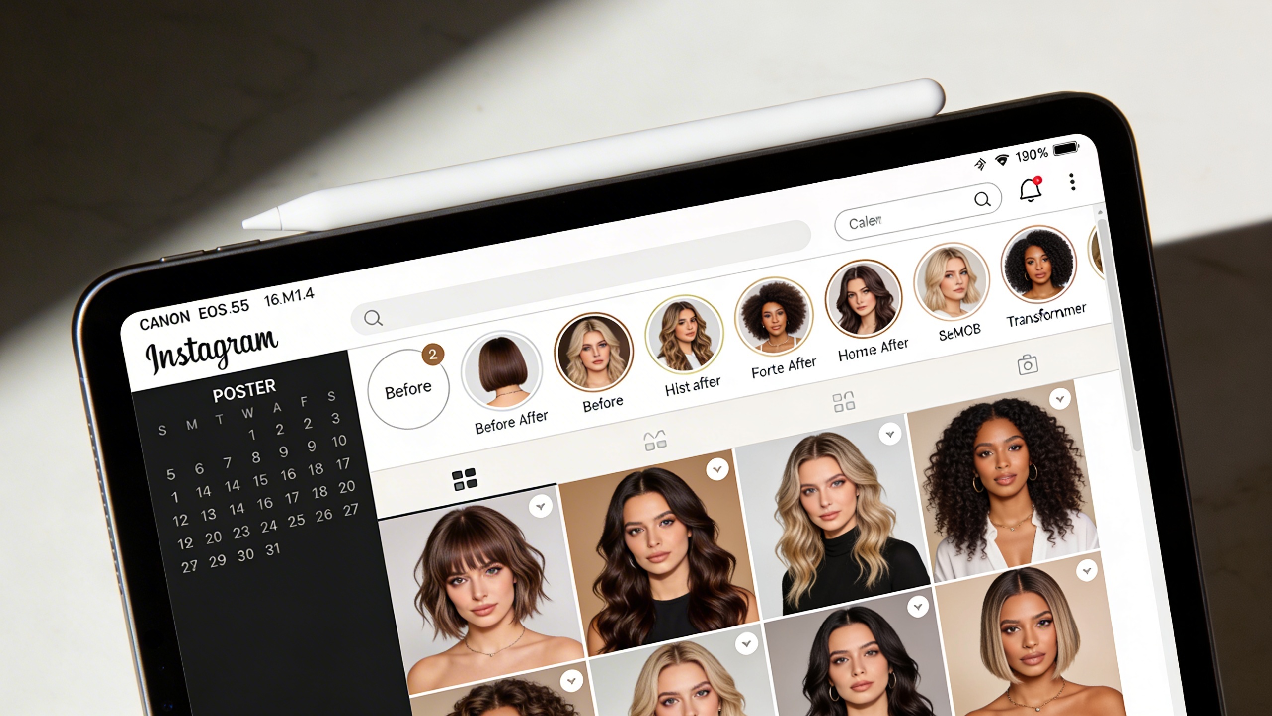 Un tableau de bord numérique de planification de contenu Instagram, affichant un calendrier de posts avec diverses vignettes de coiffures, transformations avant/après, et portraits de clients. L'interface est claire et organisée, style photo de travail numérique et créatif.