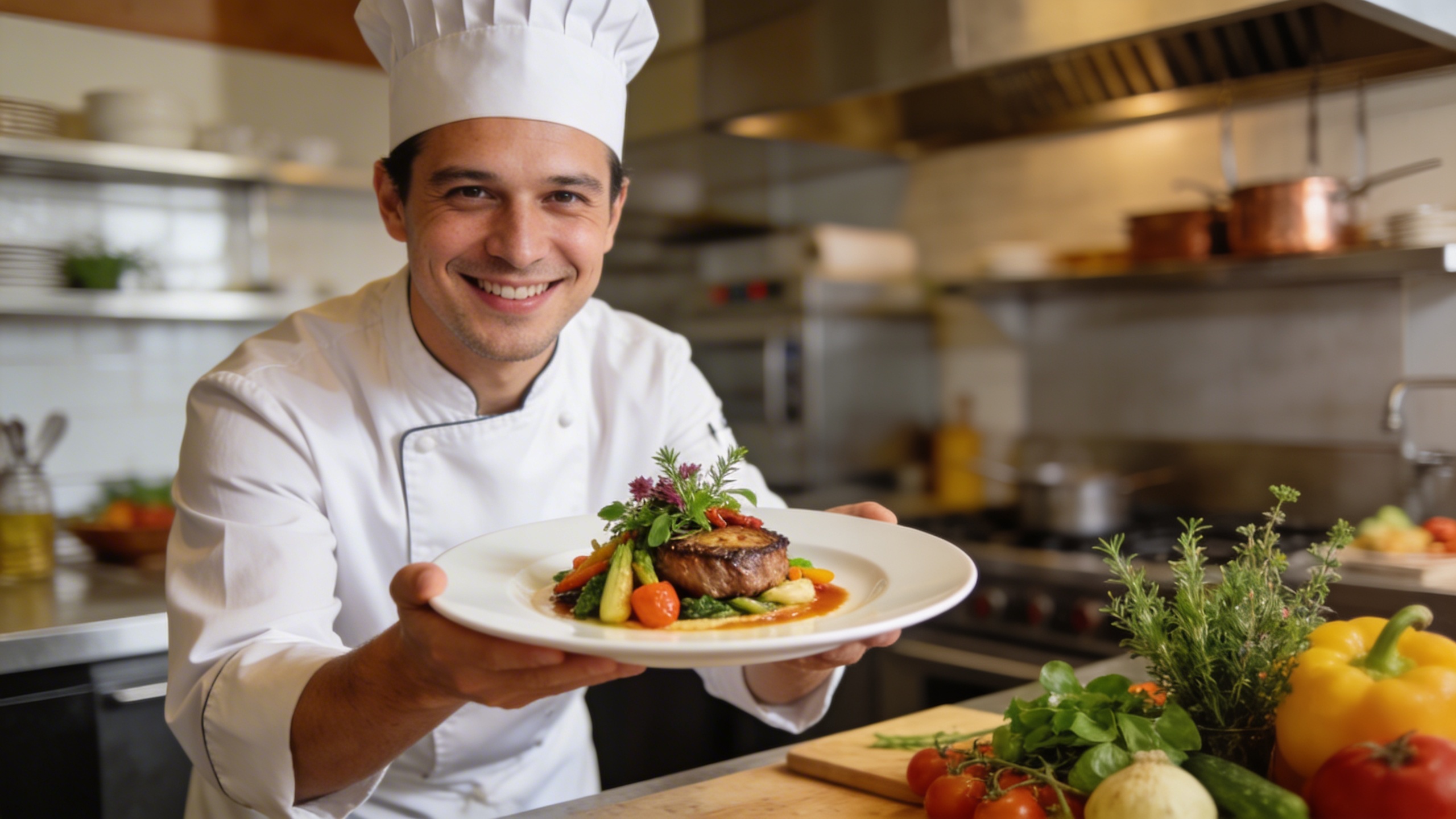 Un chef cuisinier souriant et passionné, présentant fièrement un plat gastronomique magnifiquement dressé, avec des légumes frais et des herbes aromatiques. L'ambiance est chaleureuse et lumineuse, style photo culinaire éditorial avec une faible profondeur de champ. Le visuel met en valeur l'expertise et la qualité du produit.
