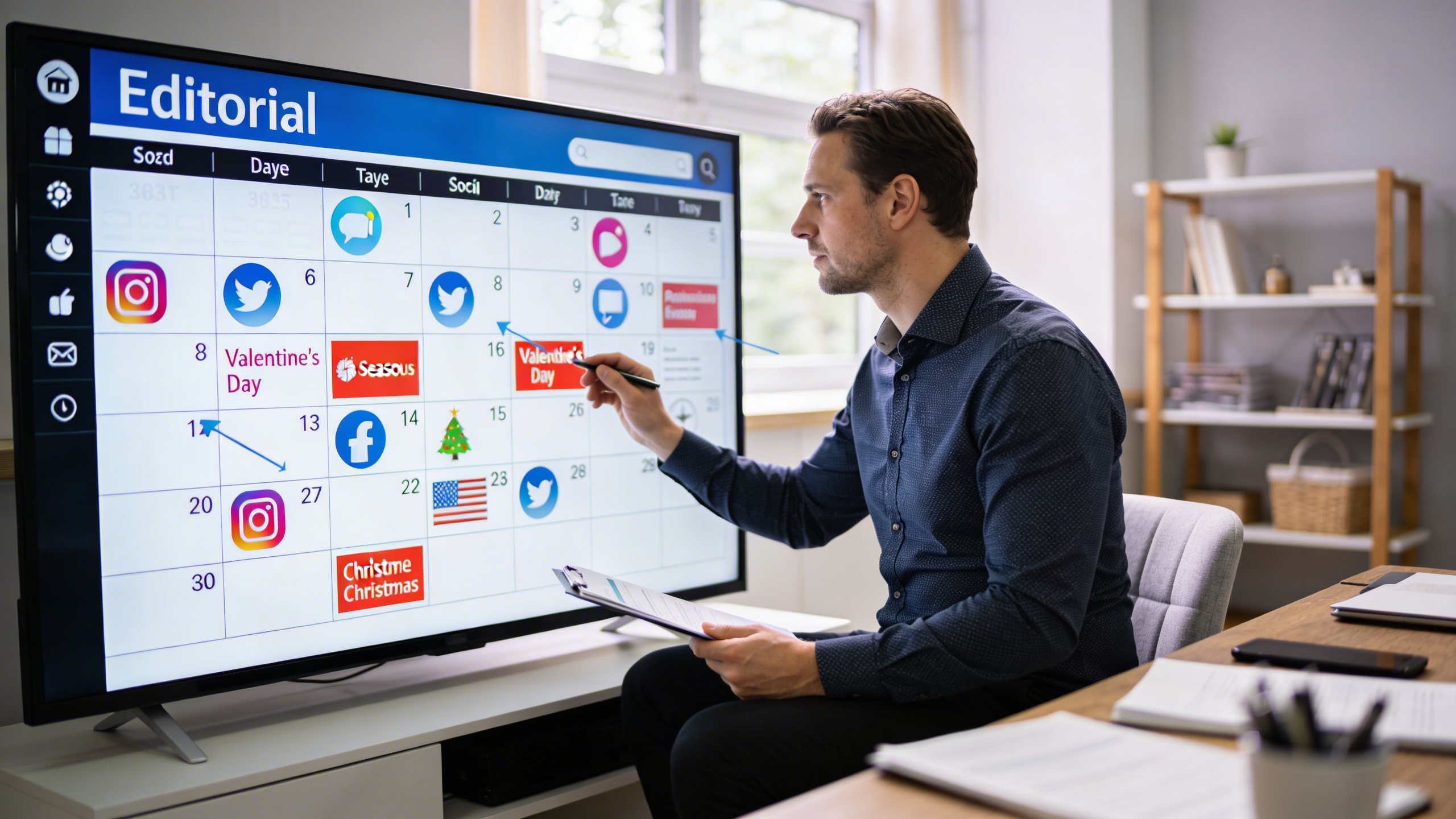 Un calendrier éditorial numérique affiché sur un grand écran, avec des icônes de réseaux sociaux et des dates marquées pour des événements saisonniers comme la Saint-Valentin et Noël. Un entrepreneur est en train de planifier du contenu, l'ambiance est organisée et stratégique, avec des couleurs douces et un éclairage naturel, style photo éditorial magazine.
