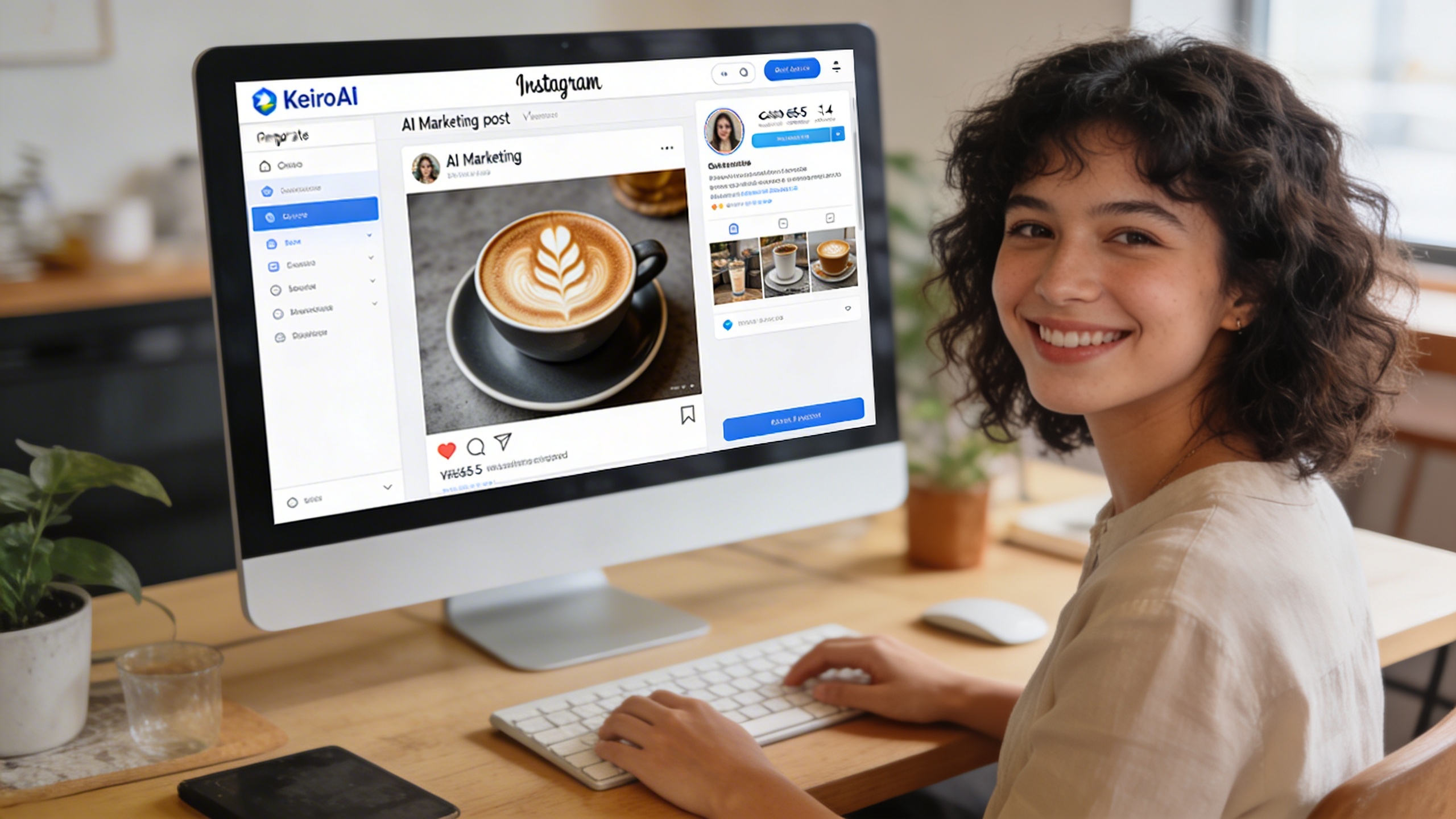 Un écran d'ordinateur affichant l'interface de KeiroAI, avec un utilisateur en train de générer un visuel marketing par IA pour un post Instagram. Le visuel est une photo réaliste d'un café latté avec un design de feuille. L'utilisateur semble satisfait, l'interface est épurée et intuitive, baignée d'une lumière naturelle, style photo éditorial tech.