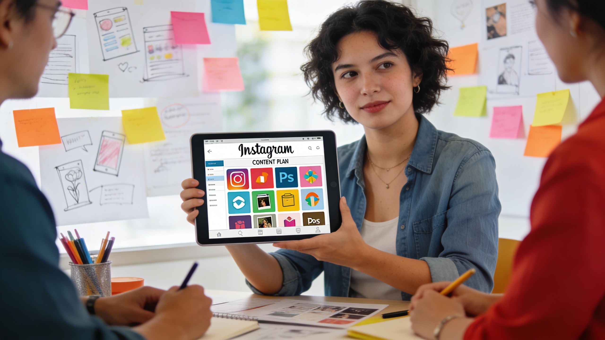 Une femme entrepreneuse déterminée et créative, tenant une tablette affichant un plan de contenu Instagram avec des icônes colorées représentant différentes idées de posts. Elle est entourée d'un environnement de travail collaboratif et lumineux, avec des post-its et des croquis, ambiance startup innovante et productive, style photo éditorial.