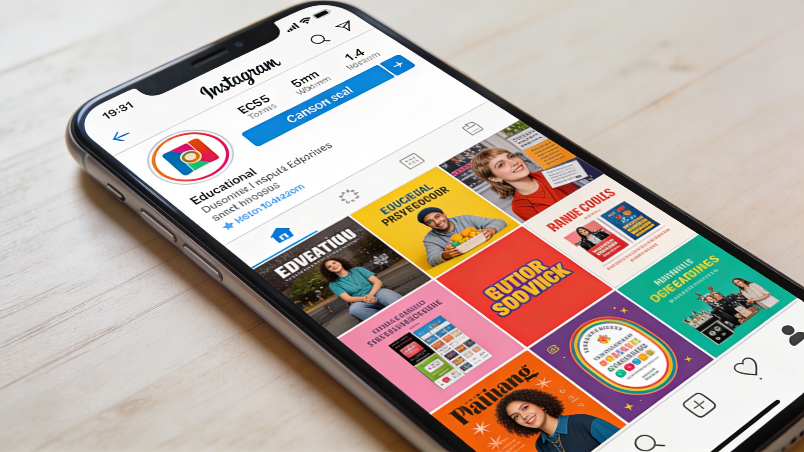 Un écran de smartphone montrant un flux Instagram vibrant et diversifié, avec des posts attrayants de différents types (éducatif, inspirant, divertissant, promotionnel). La lumière est vive, les couleurs éclatantes, et la composition dynamique, reflétant l'énergie et la diversité du contenu social, style photo éditorial mobile.