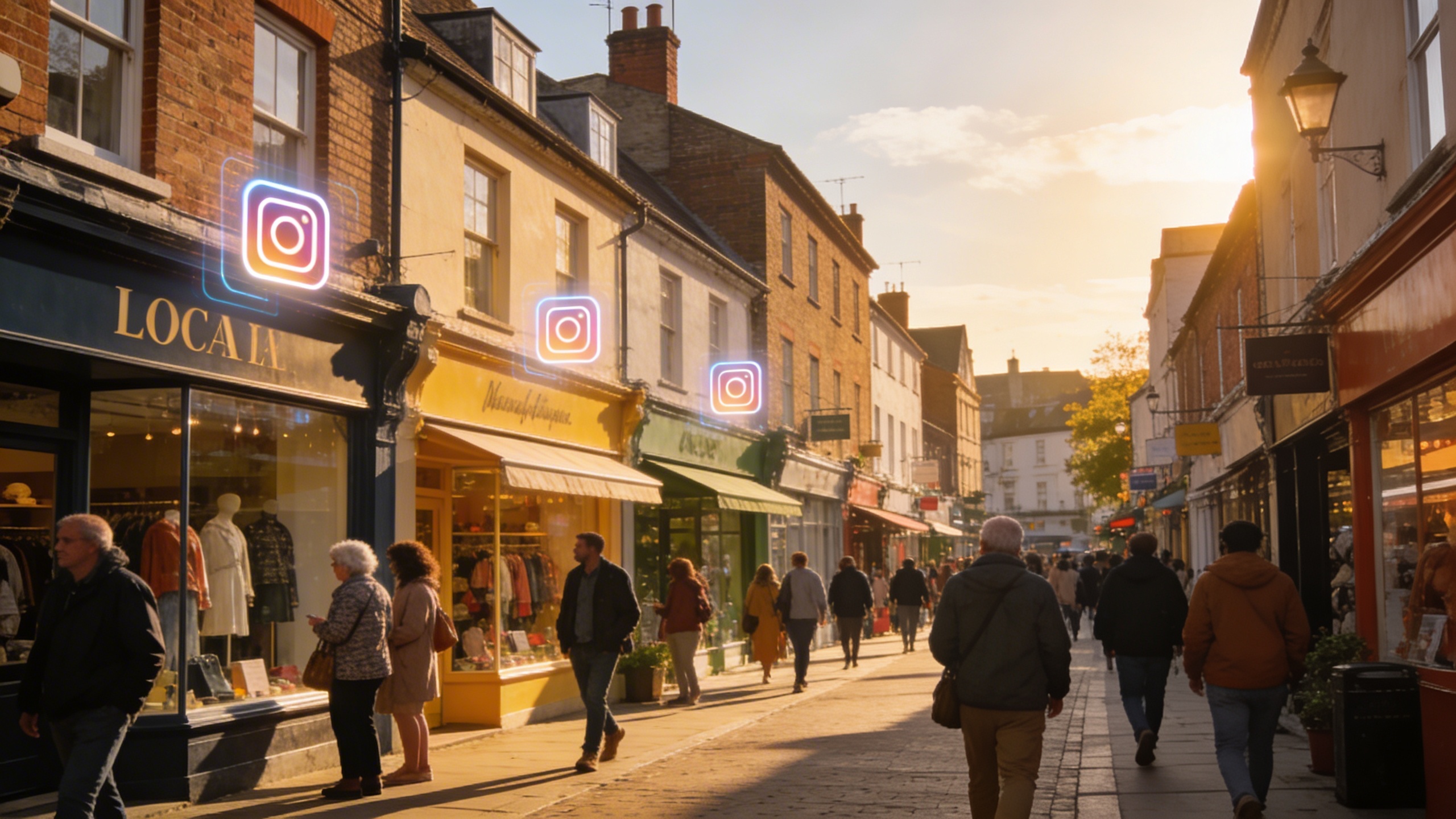 Vue dynamique d'une rue commerçante animée, des passants de diverses générations regardant les vitrines de boutiques locales. Des éléments numériques subtils comme des icônes Instagram flottent au-dessus des vitrines, évoquant la connexion harmonieuse entre le commerce physique et la présence en ligne. Lumière chaude du soleil en fin d'après-midi, style photo éditorial urbain.