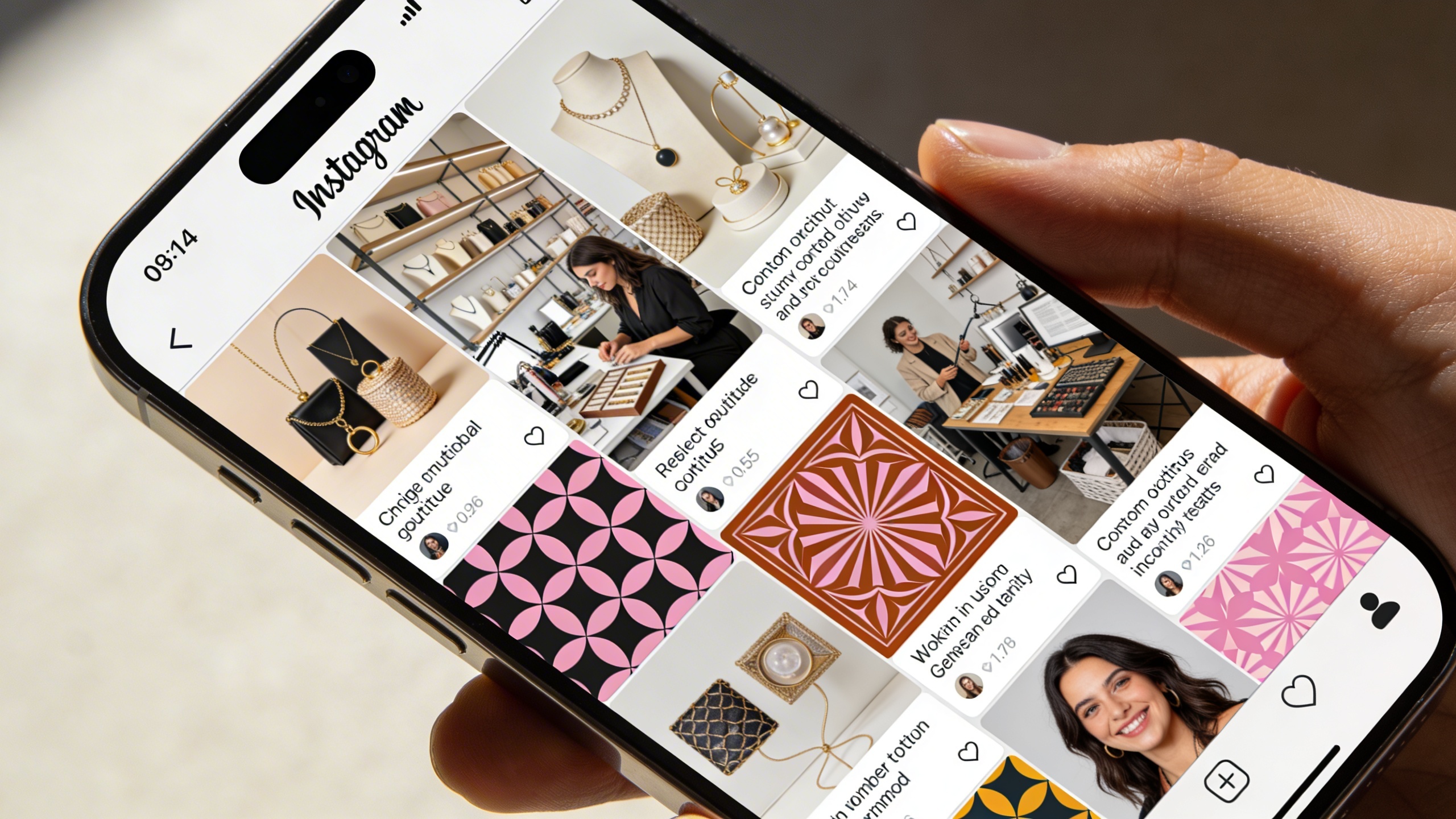 Une mosaïque visuelle de différents types de posts Instagram affichés sur un grand écran de smartphone, représentant la diversité et l'efficacité d'une stratégie de contenu variée pour une boutique. On y voit des photos de produits élégantes, des clichés des coulisses, des témoignages clients et des promotions. Ambiance dynamique et inspirante, style photo éditorial moderne.