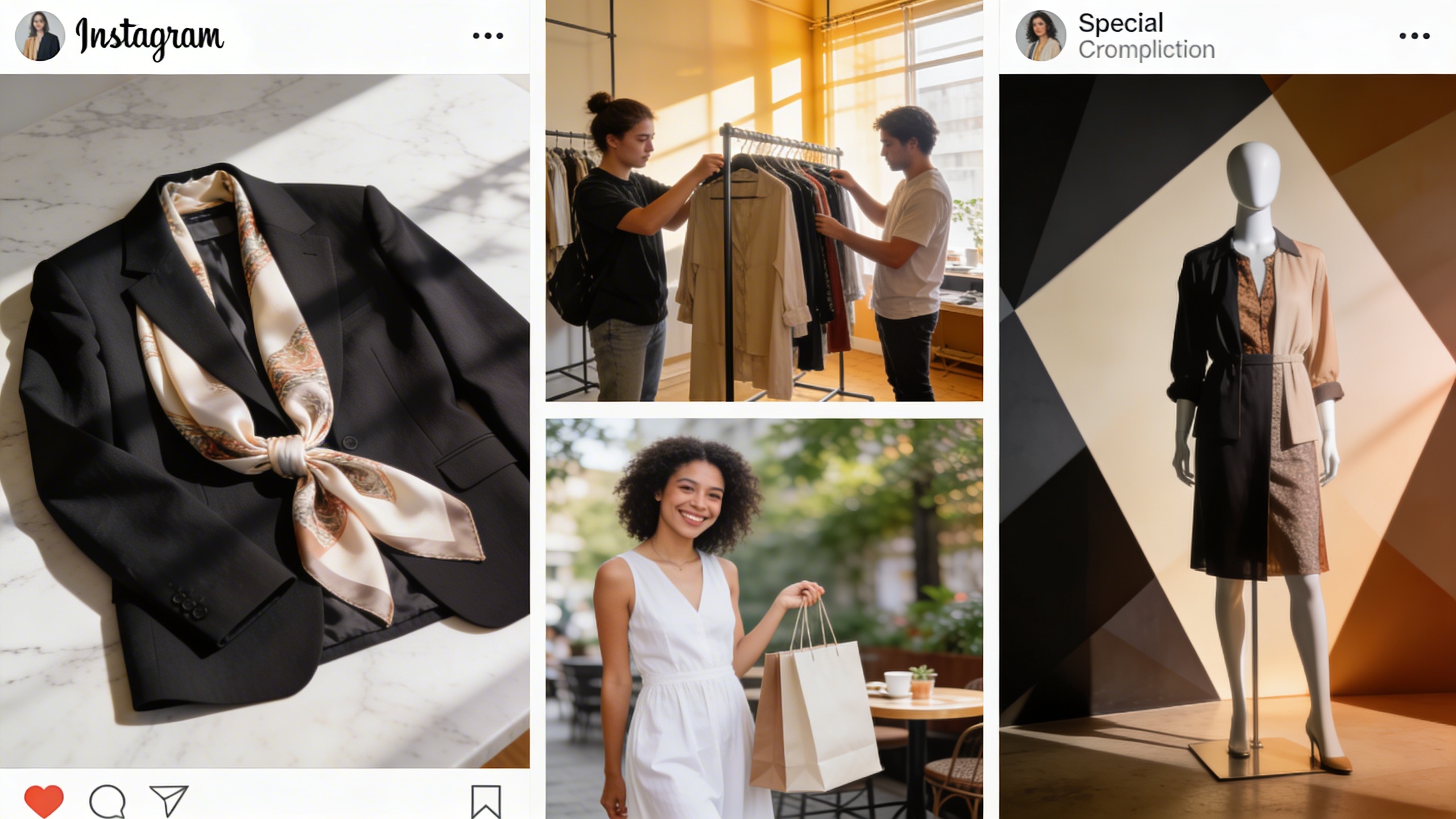 Un carrousel Instagram virtuel affichant une série de posts attrayants pour une boutique de mode indépendante. Chaque image représente une idée de contenu différente : un produit élégamment photographié, un aperçu des coulisses avec l'équipe, un client satisfait posant avec un achat, et une promotion spéciale. L'ensemble est cohérent, moderne et visuellement engageant, style photo éditorial.