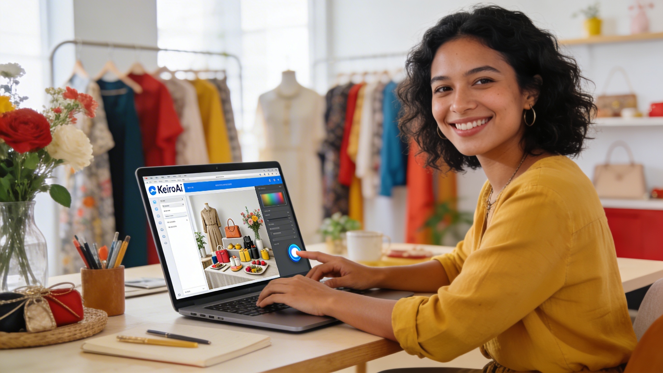 Un entrepreneur local, l'air soulagé et souriant, utilisant une interface simple de KeiroAI sur un ordinateur portable. Il génère des visuels professionnels pour sa boutique en quelques clics, avec des produits mis en scène de manière attrayante. L'environnement est un espace de travail moderne et lumineux, symbolisant l'efficacité et la facilité d'utilisation. Lumière douce et naturelle, style photo éditorial.