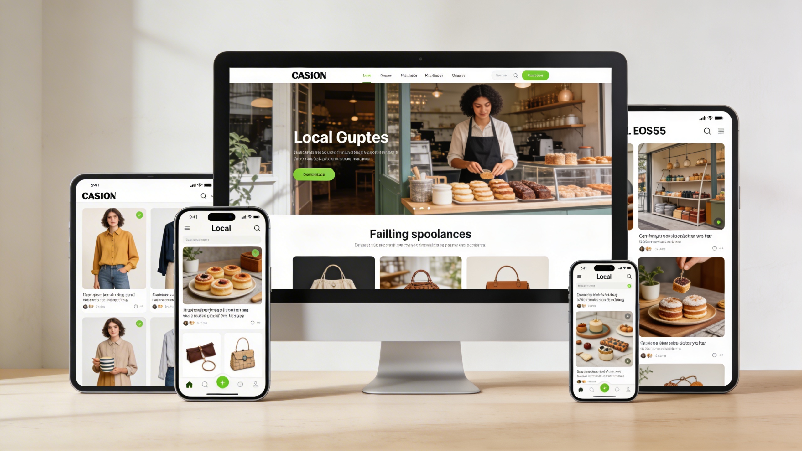 Une série de visuels marketing époustouflants générés par IA, affichés sur des écrans de smartphone et d'ordinateur. Les images mettent en scène des produits de différentes boutiques locales (vêtements, pâtisseries, artisanat) dans des contextes réalistes et esthétiques. Le logo KeiroAI est discrètement intégré, illustrant la haute qualité et la diversité des créations possibles. L'ambiance est moderne, lumineuse et inspirante, style photo éditorial.