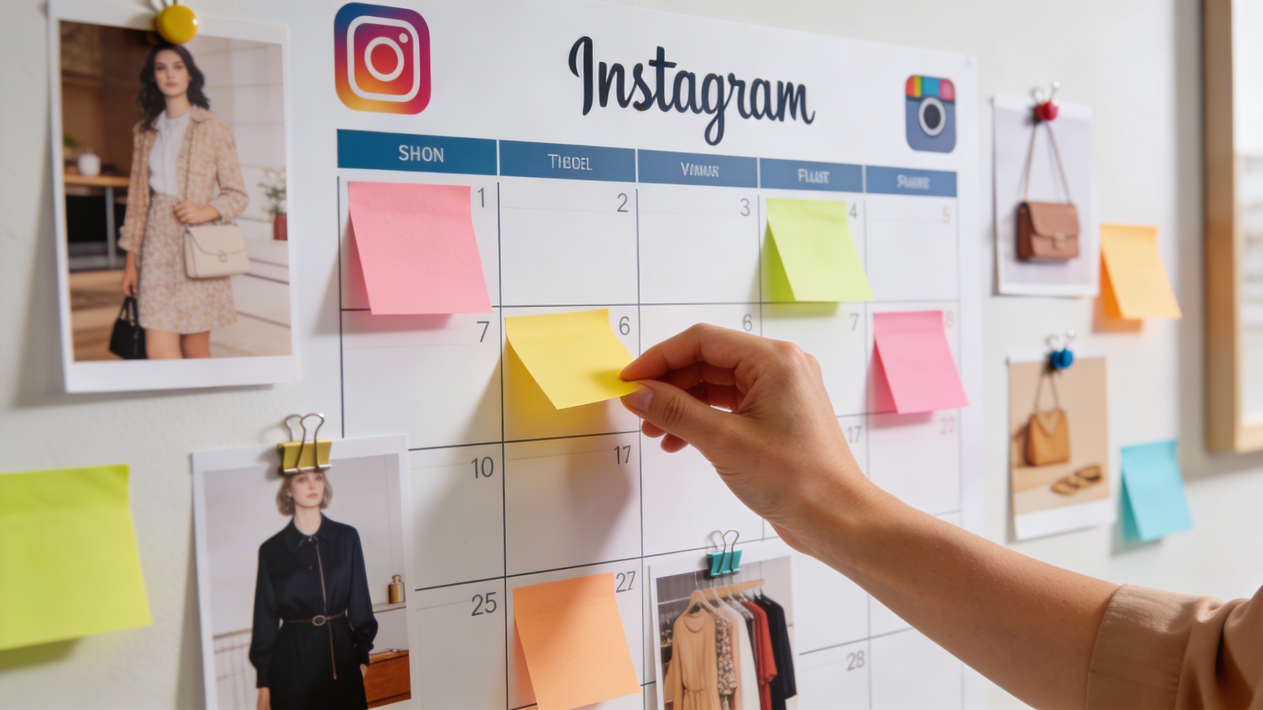 Un planificateur mural élégant et moderne avec des icônes Instagram, des notes colorées et des photos de produits de boutique épinglées, symbolisant l'organisation et la stratégie de contenu. Une main est en train d'ajouter une nouvelle note, illustrant le processus de planification active. Ambiance lumineuse et productive, style photo éditorial de bureau.