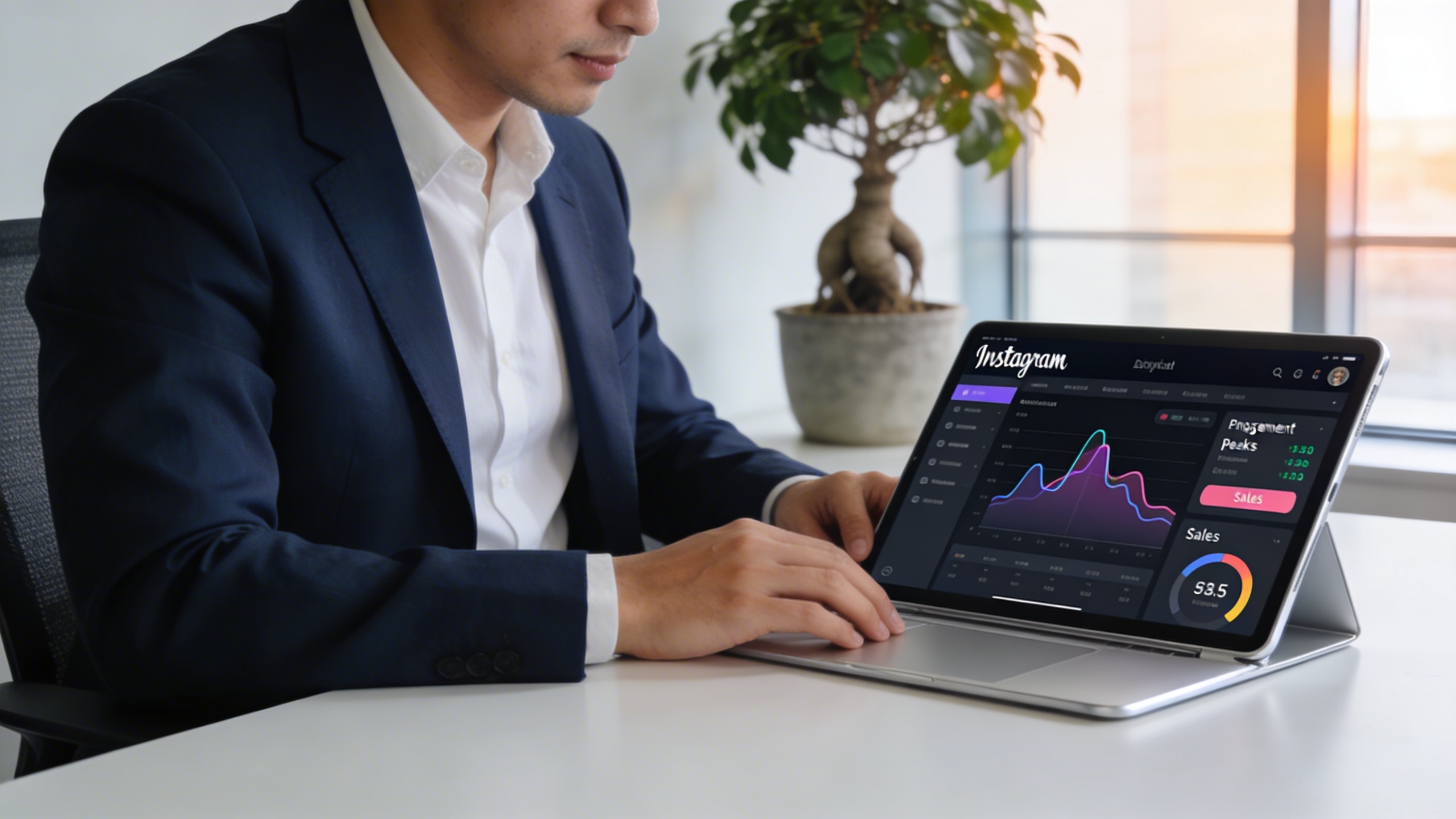 Un entrepreneur local utilisant un tableau de bord numérique sur une tablette, affichant des graphiques de performance Instagram avec des pics d'engagement et de ventes, dans un environnement de travail moderne et épuré, symbolisant l'analyse stratégique, style photo éditorial magazine, lumière naturelle.