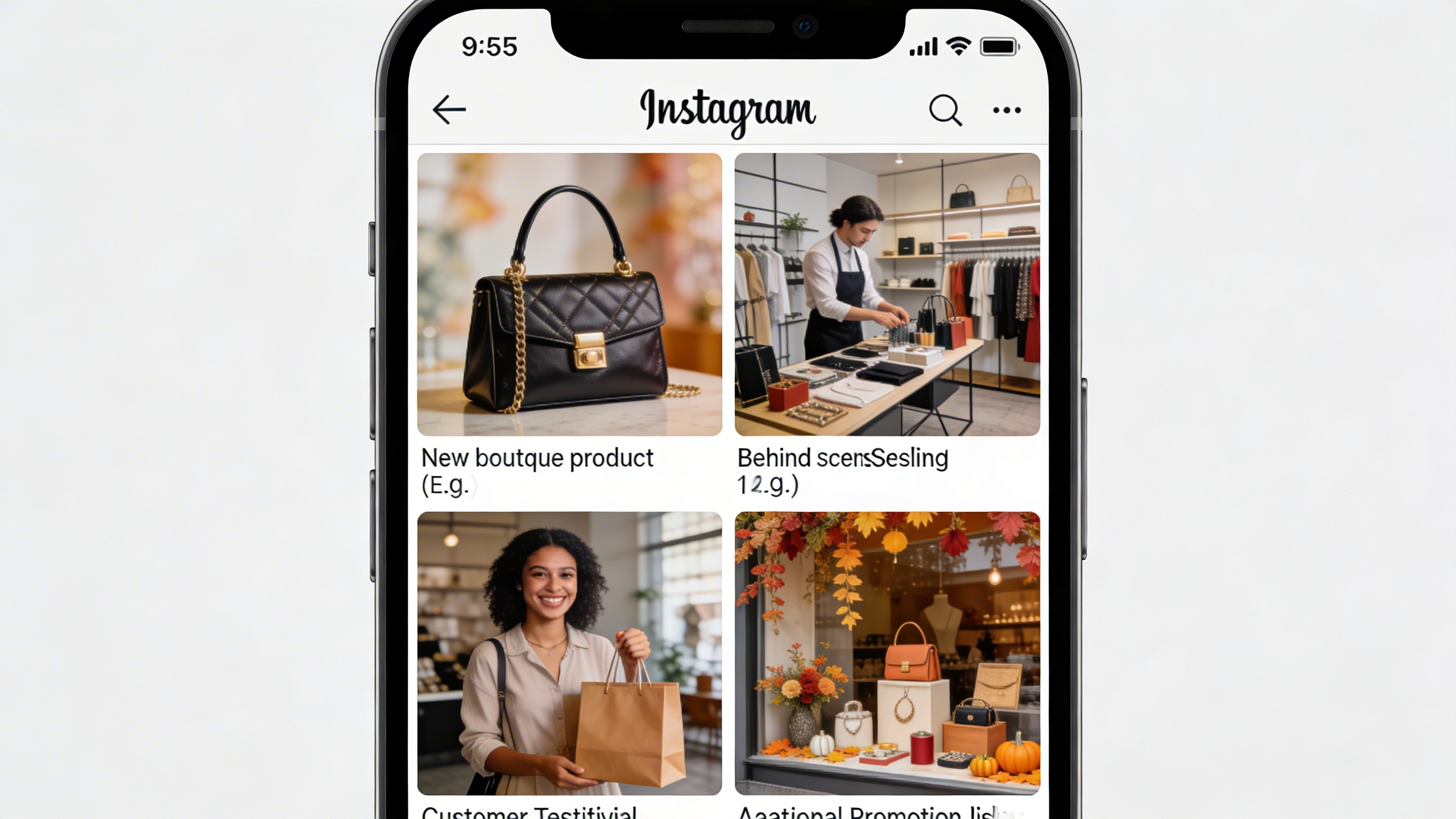 Un carrousel de photos Instagram affichant diverses idées de posts pour une boutique: un nouveau produit, une photo des coulisses, un témoignage client, une promotion saisonnière, le tout dans un style visuel harmonieux et professionnel, présenté sur un écran de smartphone, style photo éditorial magazine.