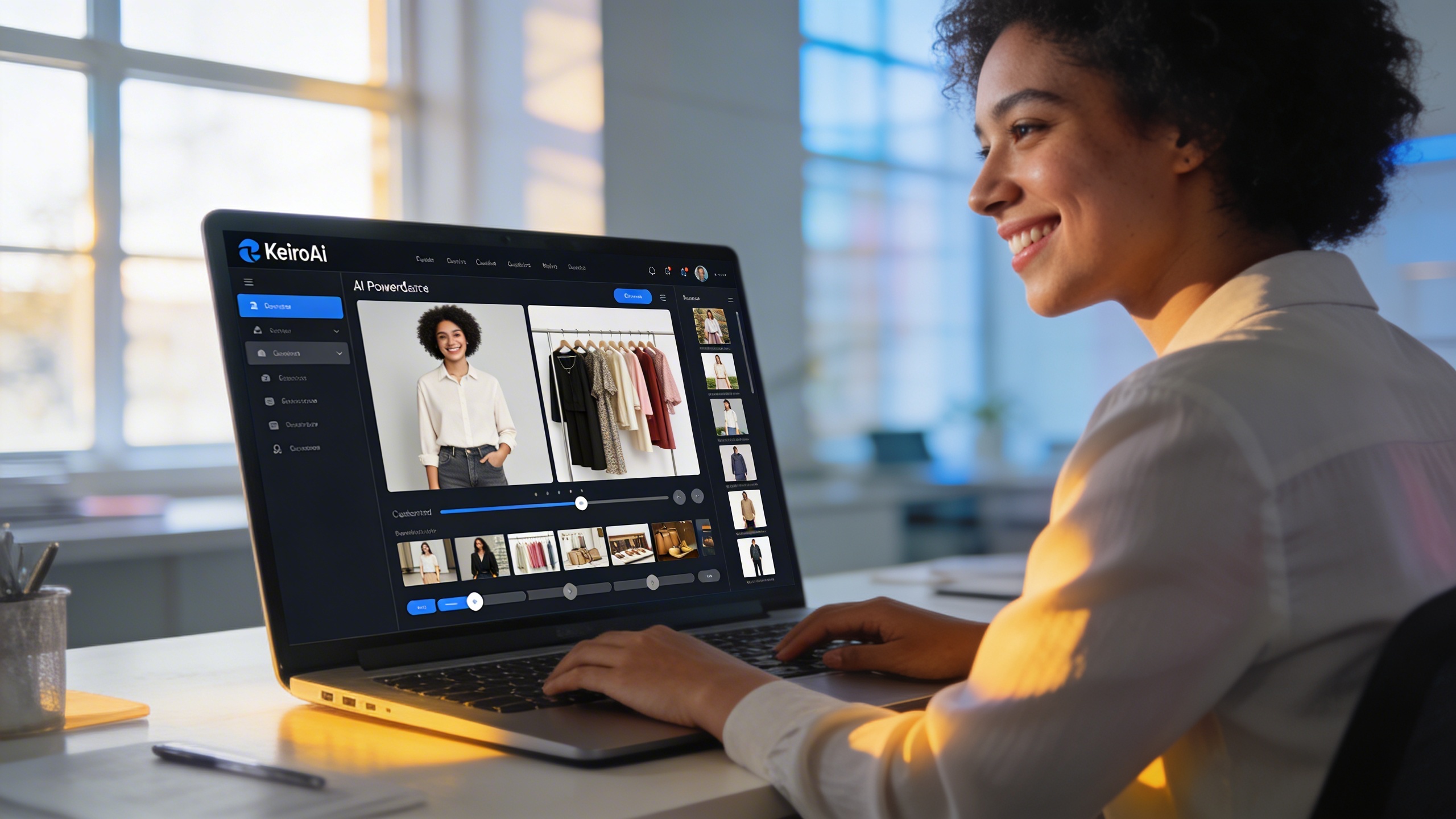Un entrepreneur local souriant, utilisant la plateforme KeiroAI sur un ordinateur portable, générant des visuels marketing de haute qualité pour sa boutique. L'écran affiche des options de personnalisation d'images basées sur l'IA, dans un bureau lumineux et moderne, style photo éditorial magazine, lumière naturelle, composition cinématique.