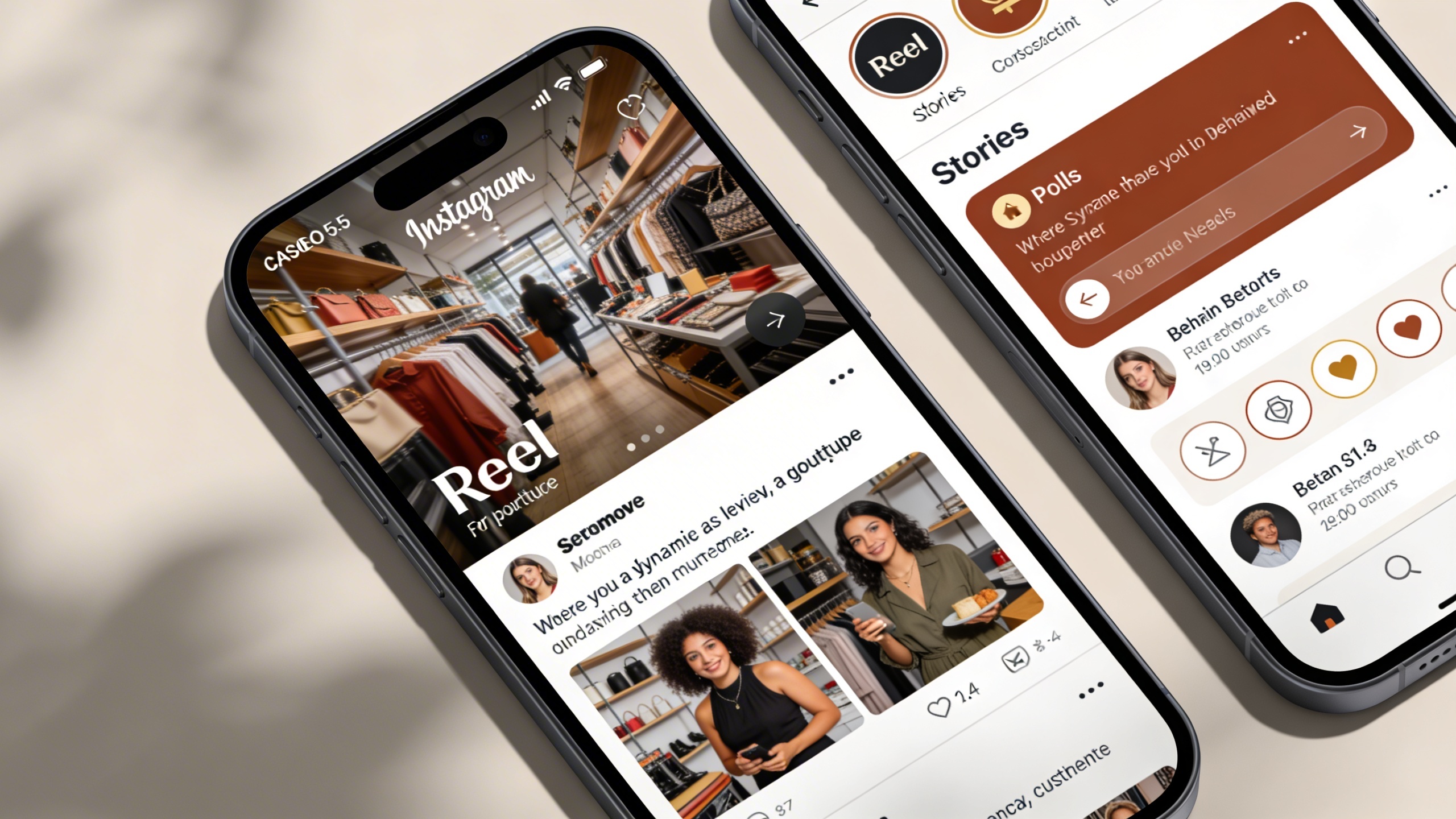 Un écran de smartphone affichant un Reel Instagram dynamique pour une boutique, montrant une succession rapide de produits, des scènes des coulisses, et des témoignages clients, avec des éléments interactifs comme des sondages en Stories sur un autre écran, le tout dans un style moderne et engageant, style photo éditorial magazine.