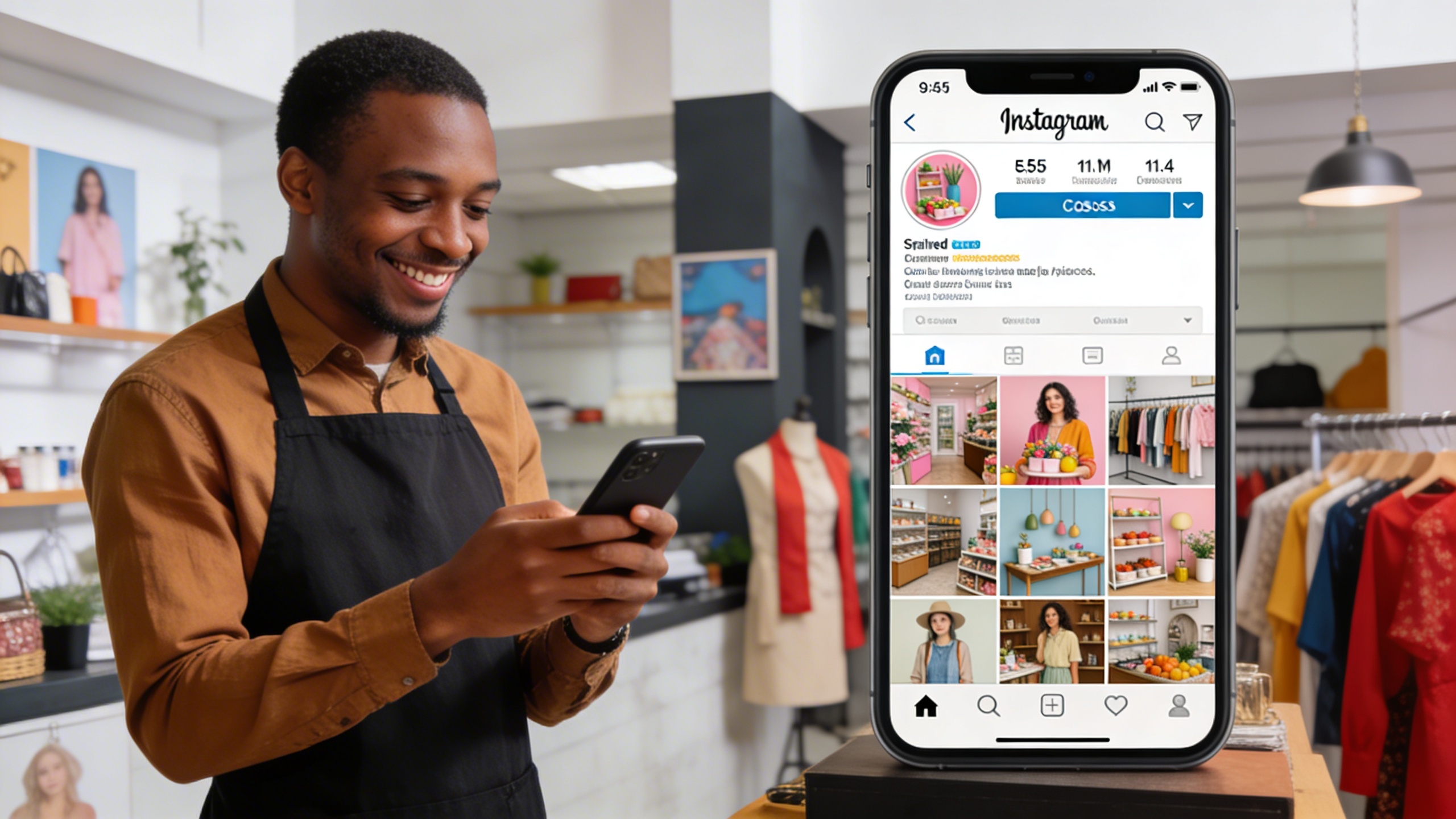 Un propriétaire de petite entreprise, homme ou femme, regarde son smartphone avec un sourire satisfait, affichant une galerie de posts Instagram visuellement attrayants pour sa boutique, générés par IA, symbolisant le succès marketing et la facilité de création de contenu, dans une ambiance de commerce local moderne, style photo éditorial magazine.