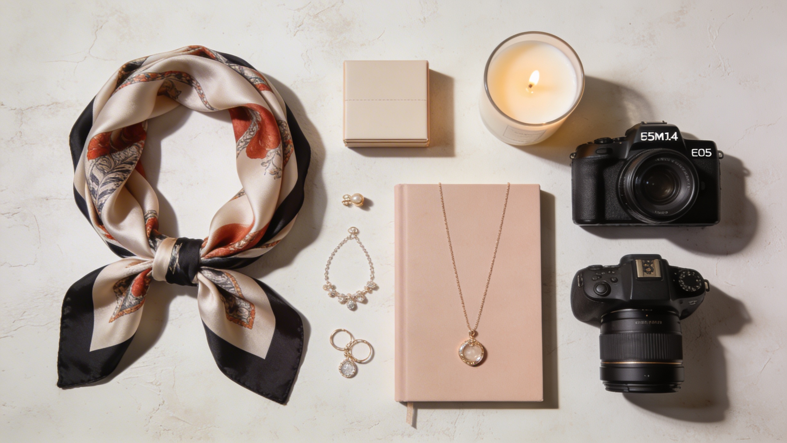 Un flat lay artistique et épuré de divers produits de boutique (vêtements, accessoires, objets de décoration) soigneusement arrangés sur un fond texturé. La composition est équilibrée et esthétique, prête à être photographiée pour un post Instagram, avec une lumière douce et une légère ombre pour ajouter de la profondeur, style photo minimaliste et élégant.